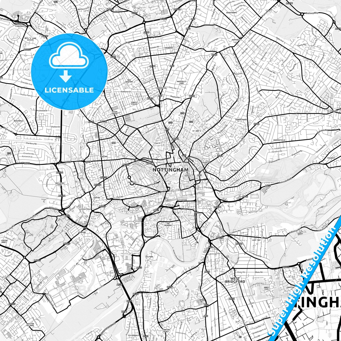 Nottingham, England Light Map with Street Names, City Names, and Districts