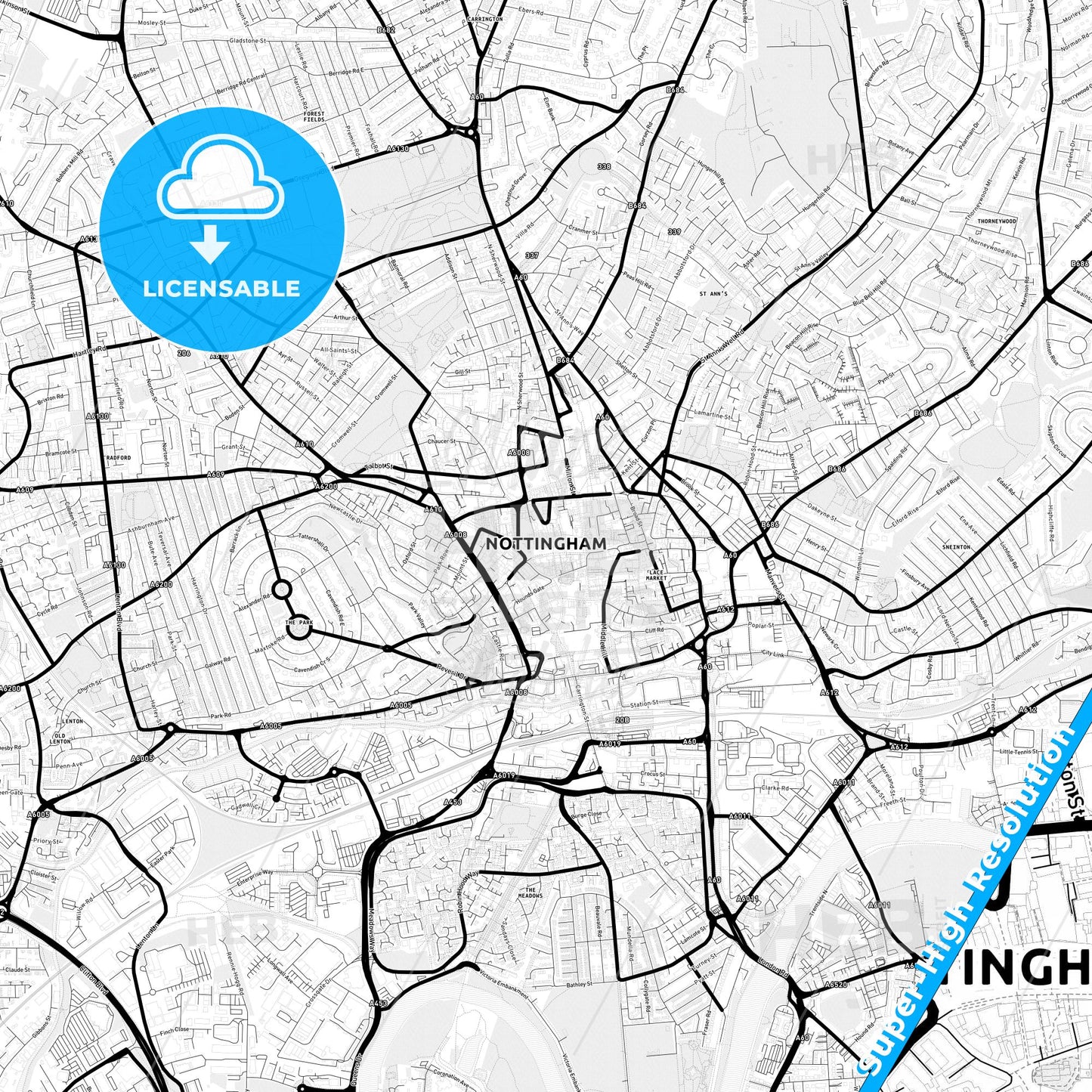 Nottingham, England Light Map with Street Names, City Names, and Districts