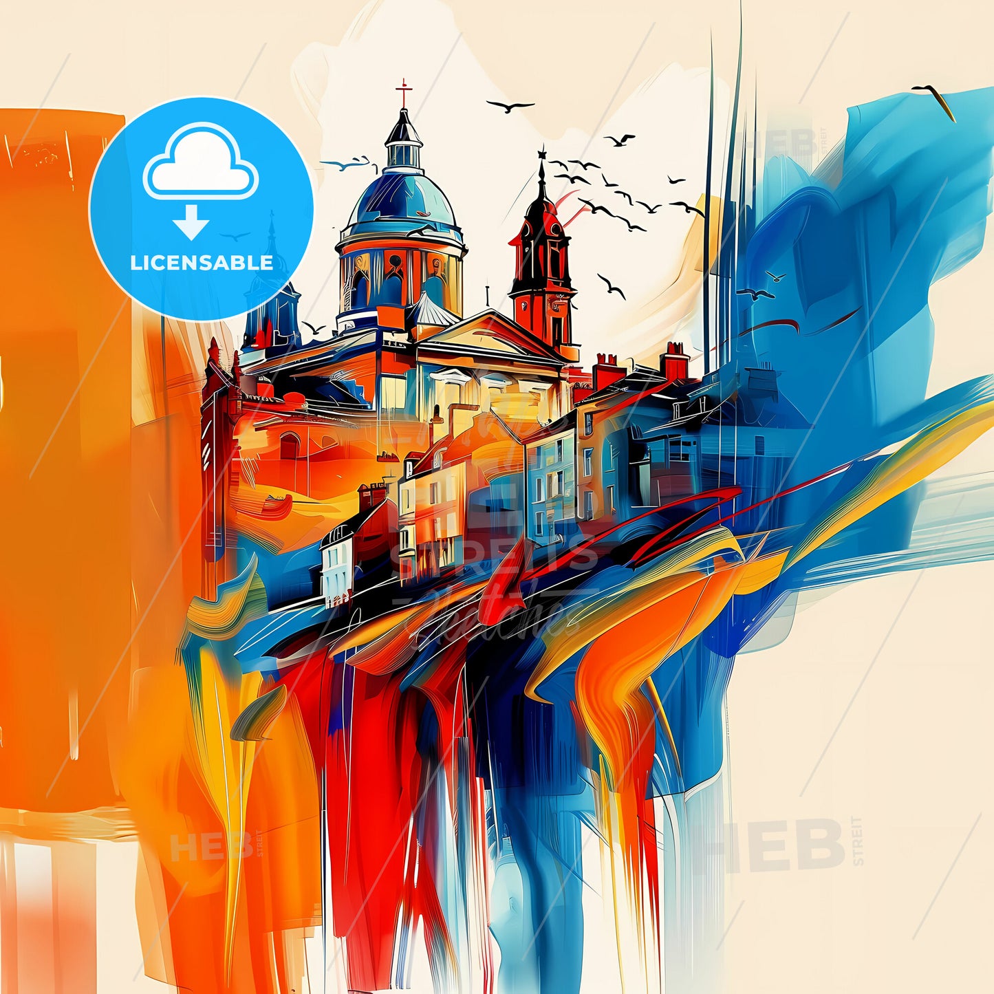 Vibrant Nottingham, England - A Painting Of A Building With A Dome And Birds Flying