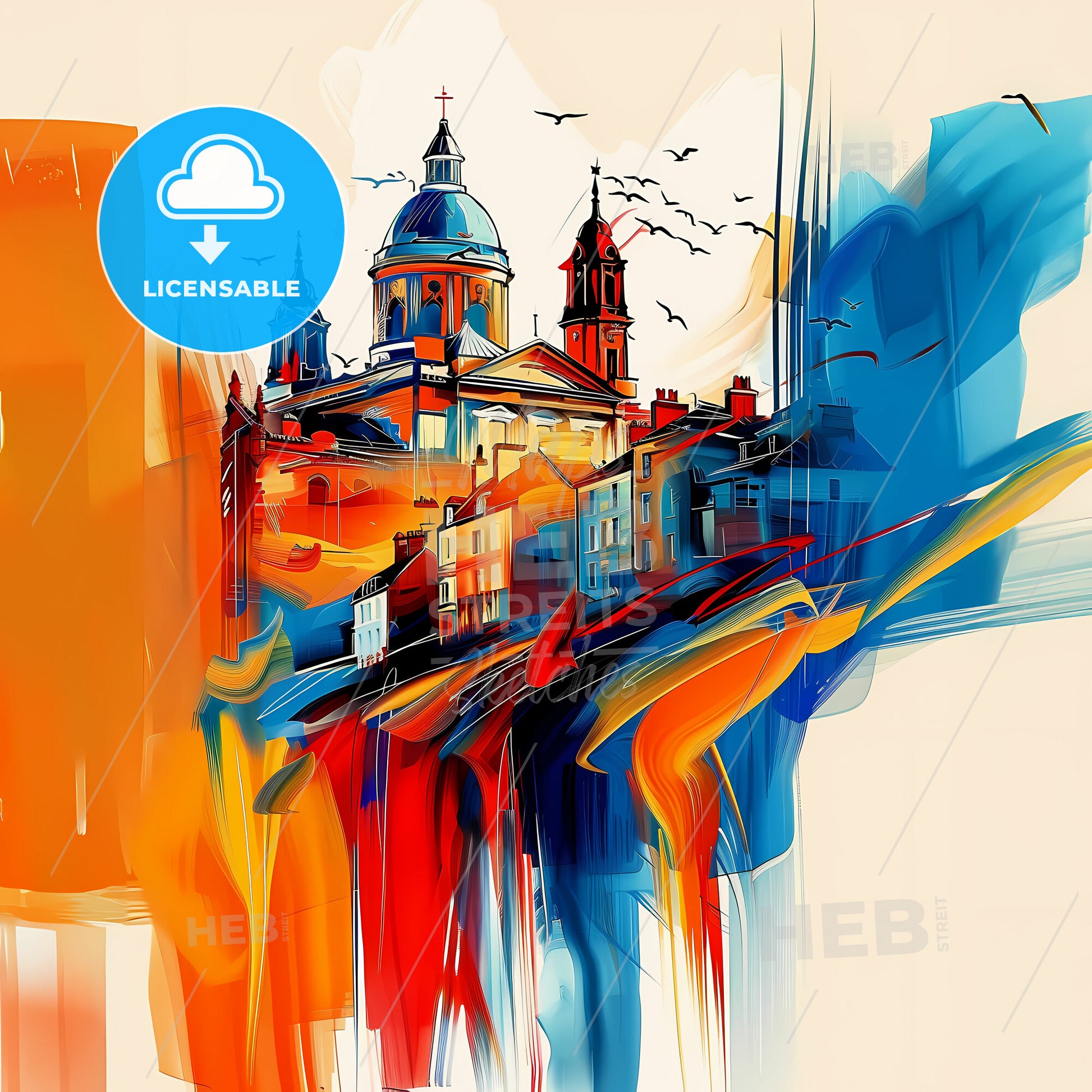 Vibrant Nottingham, England - A Painting Of A Building With A Dome And Birds Flying