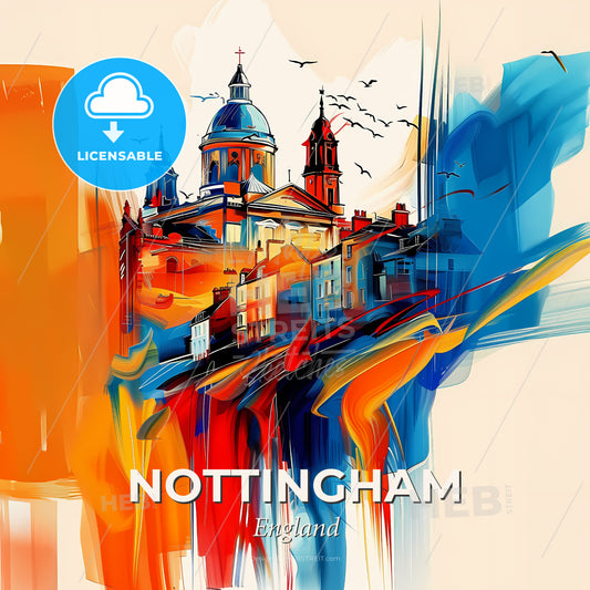 Vibrant Nottingham, England - A Painting Of A Building With A Dome And Birds Flying - Square format print template