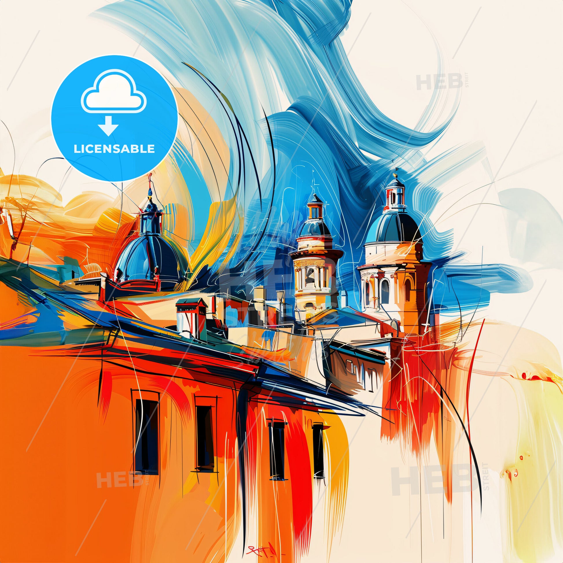 Vibrant Nou Barris, Spain - A Painting Of A Building With A Colorful Background