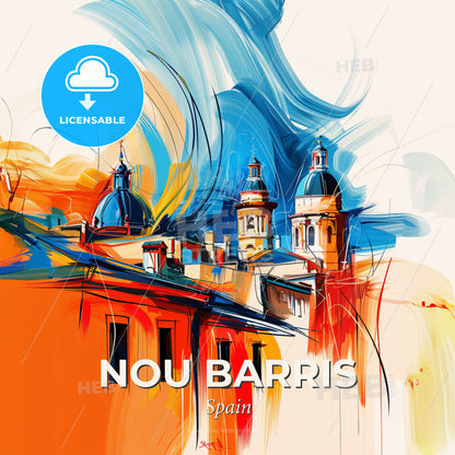 Vibrant Nou Barris, Spain - A Painting Of A Building With A Colorful Background - Square format print template