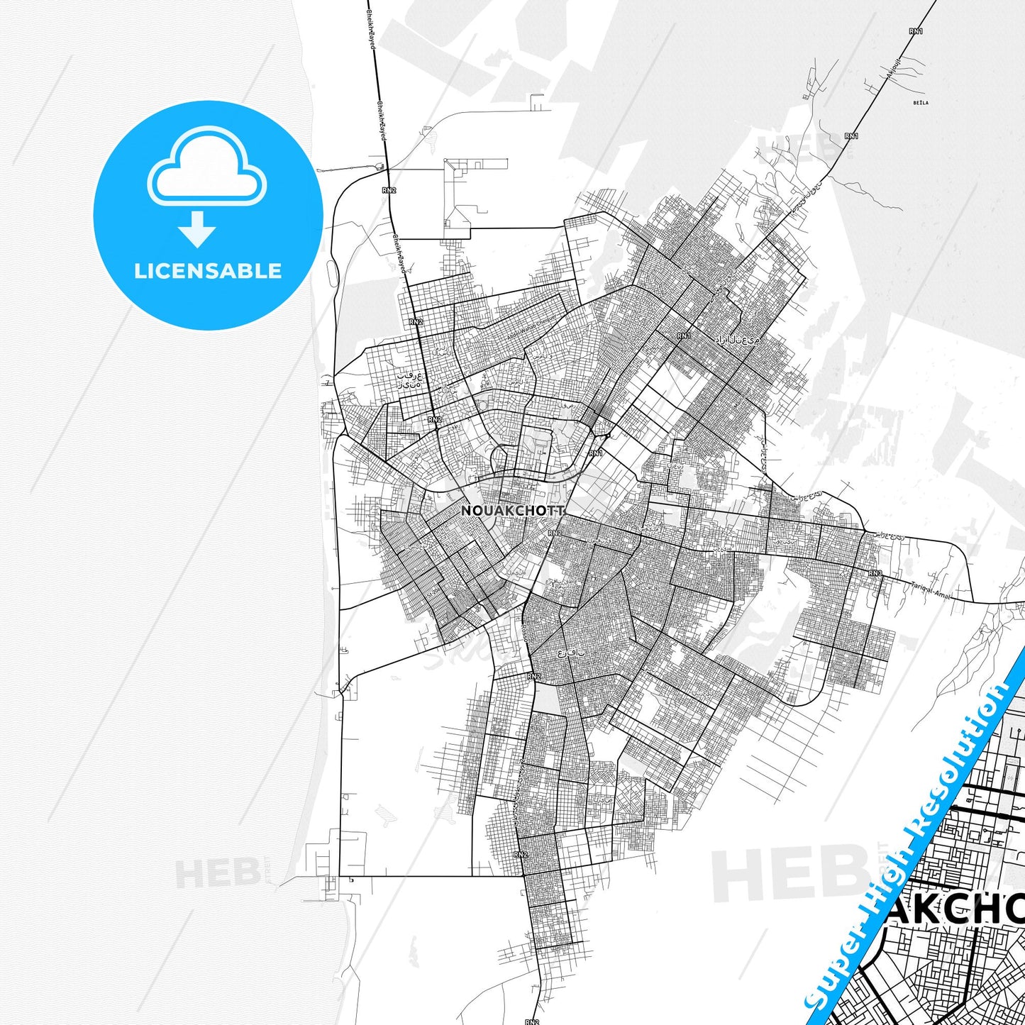Nouakchott, Mauritania light map with streetnames, citynames and districts