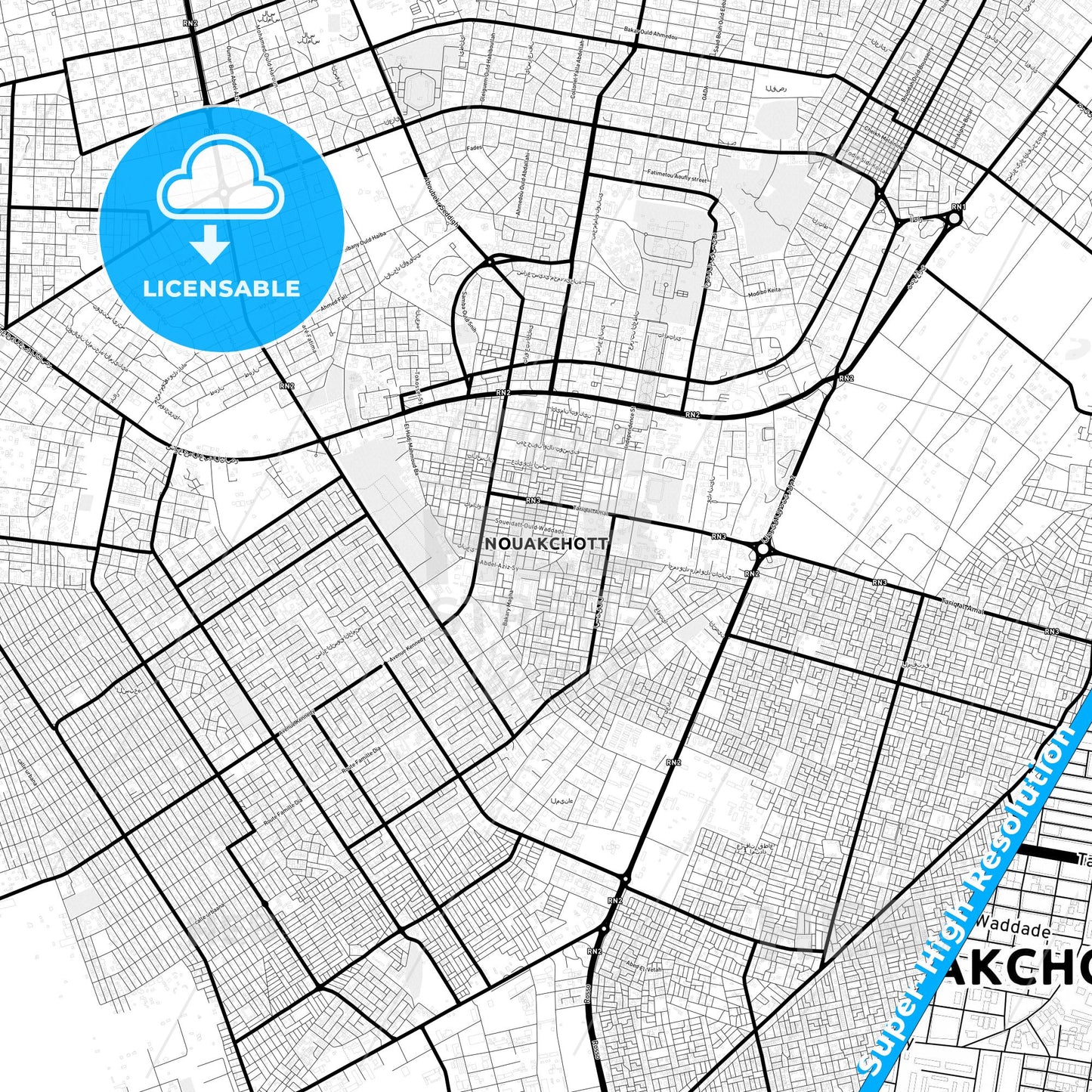 Nouakchott, Mauritania Light Map with Street Names, City Names, and Districts