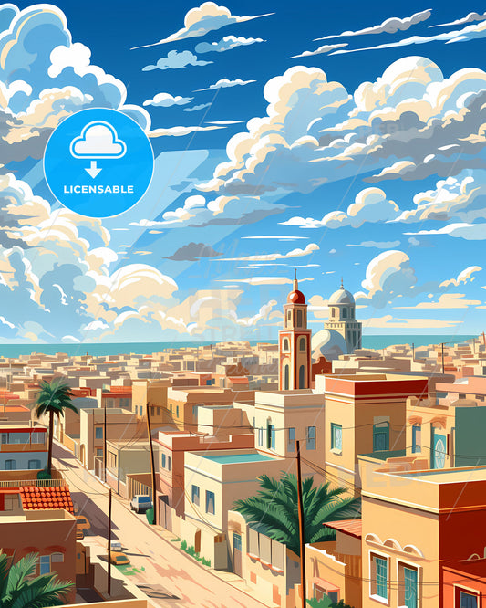 Vibrant Nouakchott Mauritania Skyline Painting Cityscape with Palm Trees and Dramatic Sky Art Print