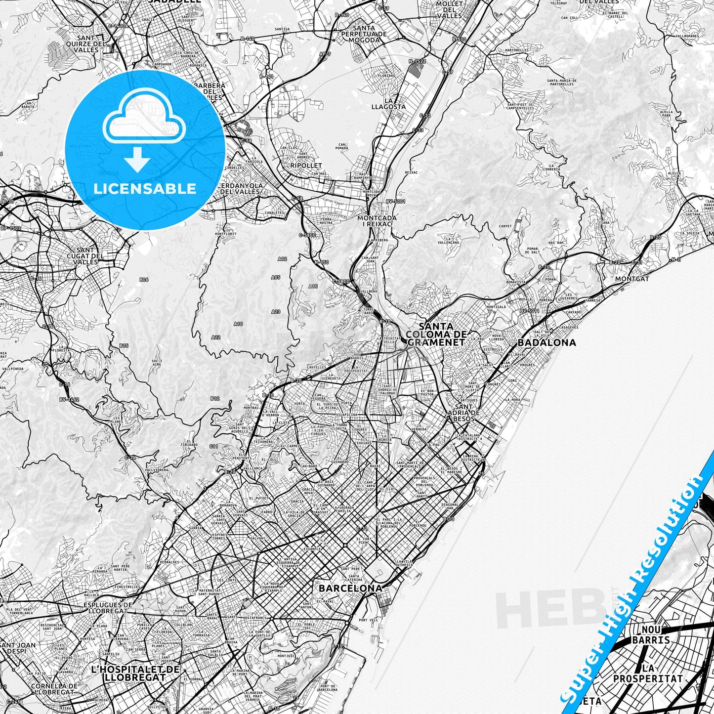 Nou Barris, Spain light map with streetnames, citynames and districts