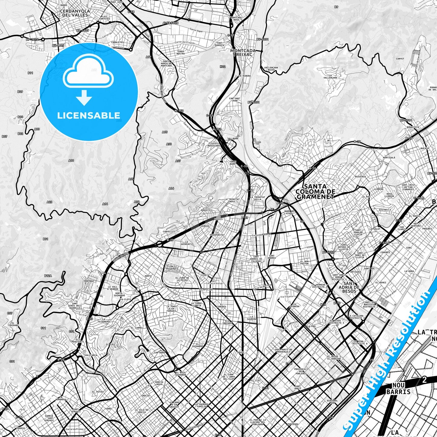 Nou Barris, Spain Light Map with Street Names, City Names, and Districts