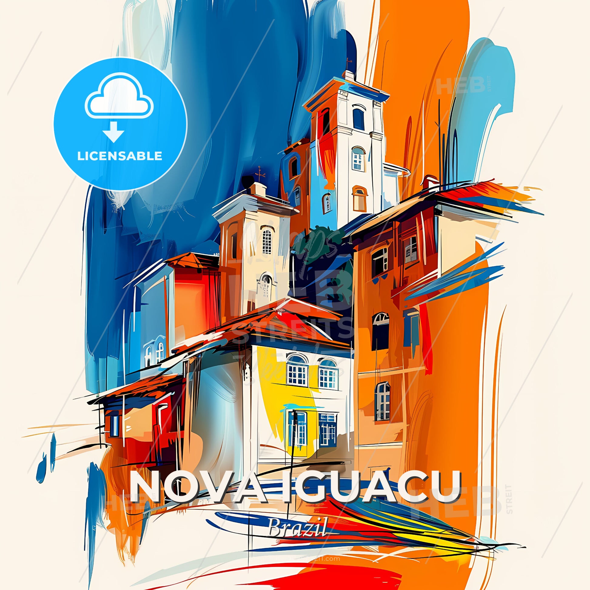 Vibrant Nova Iguacu, Brazil - A Painting Of Buildings And A Blue And Orange Sky - Square format print template