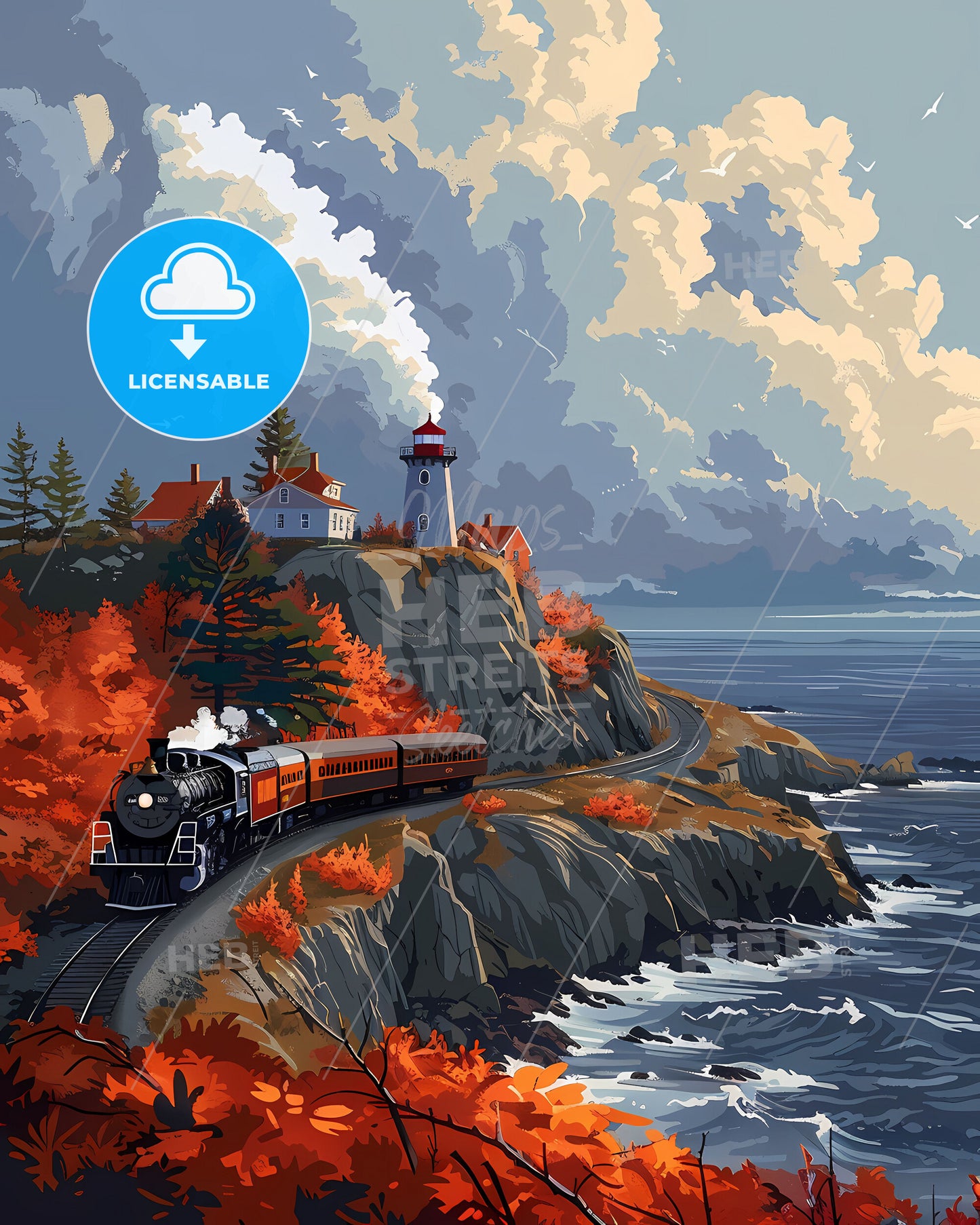 Colorful Train on a Cliff by the Water, Nova Scotia, Canada - Painting