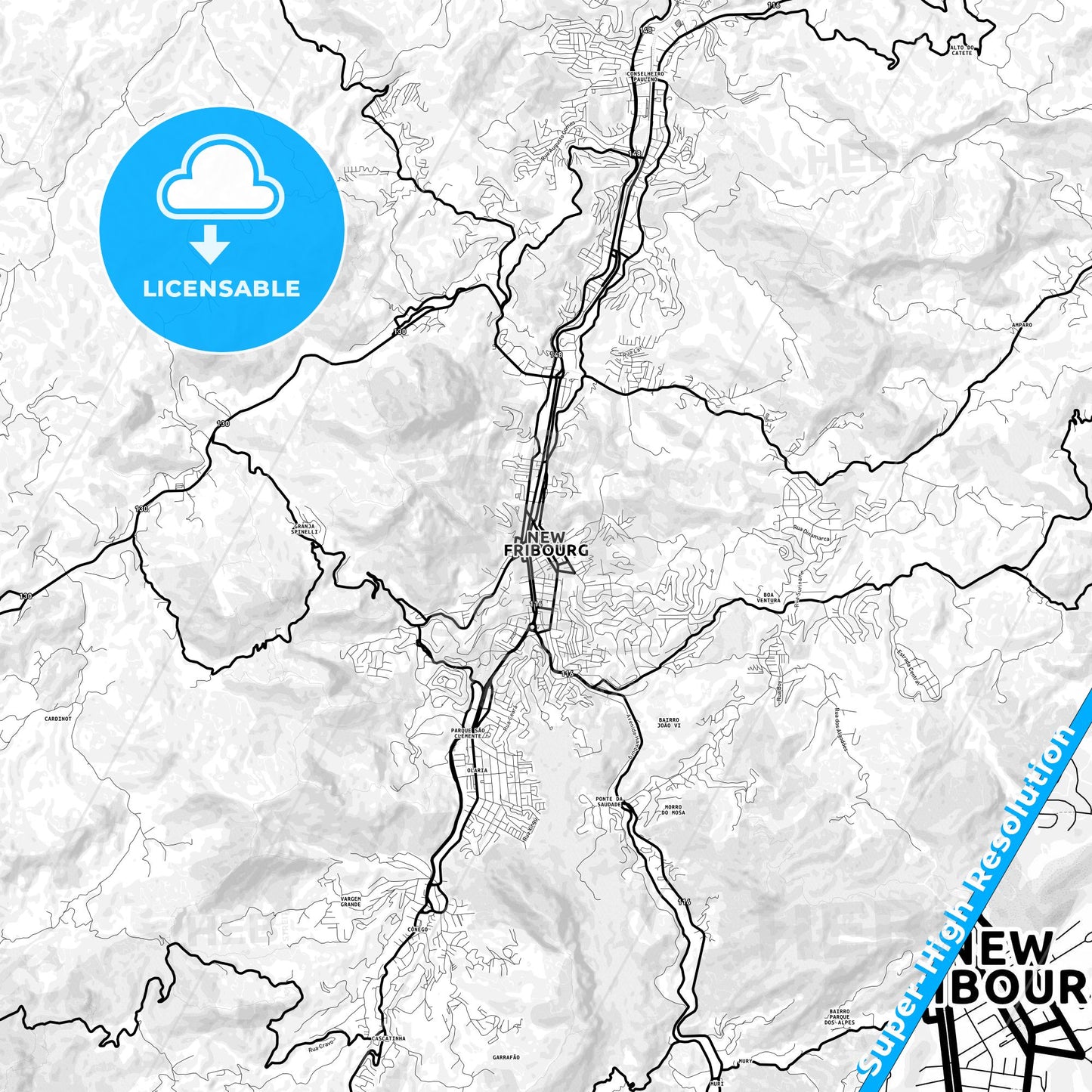 Nova Friburgo, Brazil Light Map with Street Names, City Names, and Districts