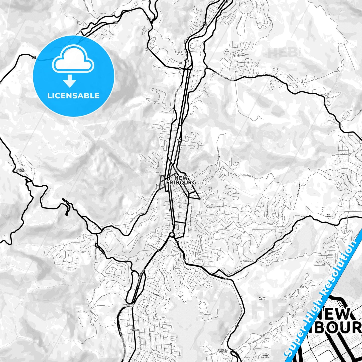 Nova Friburgo, Brazil Light Map with Street Names, City Names, and Districts