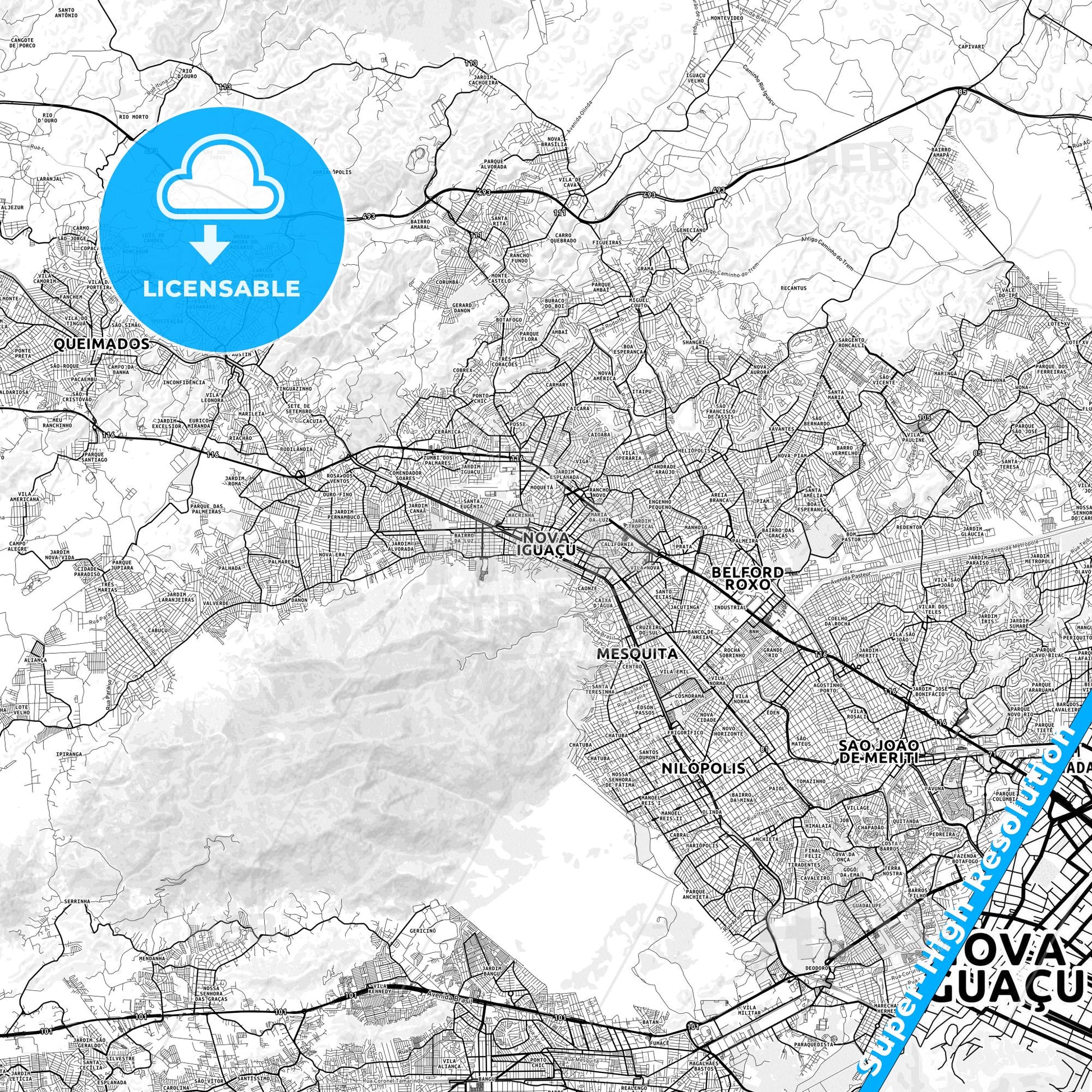 Nova Iguacu, Brazil light map with streetnames, citynames and districts