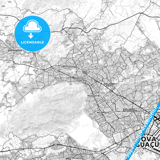Nova Iguacu, Brazil light map with streetnames, citynames and districts