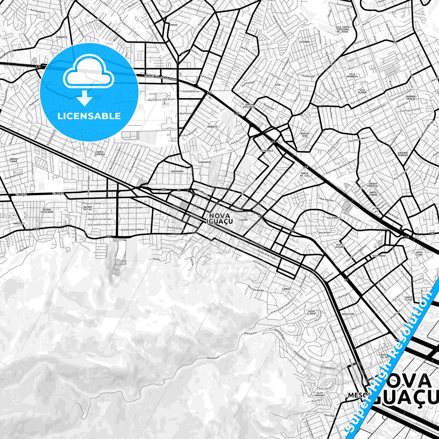 Nova Iguacu, Brazil Light Map with Street Names, City Names, and Districts