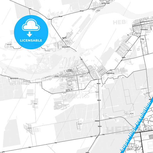Nova Kakhovka, Ukraine light map with streetnames, citynames and districts
