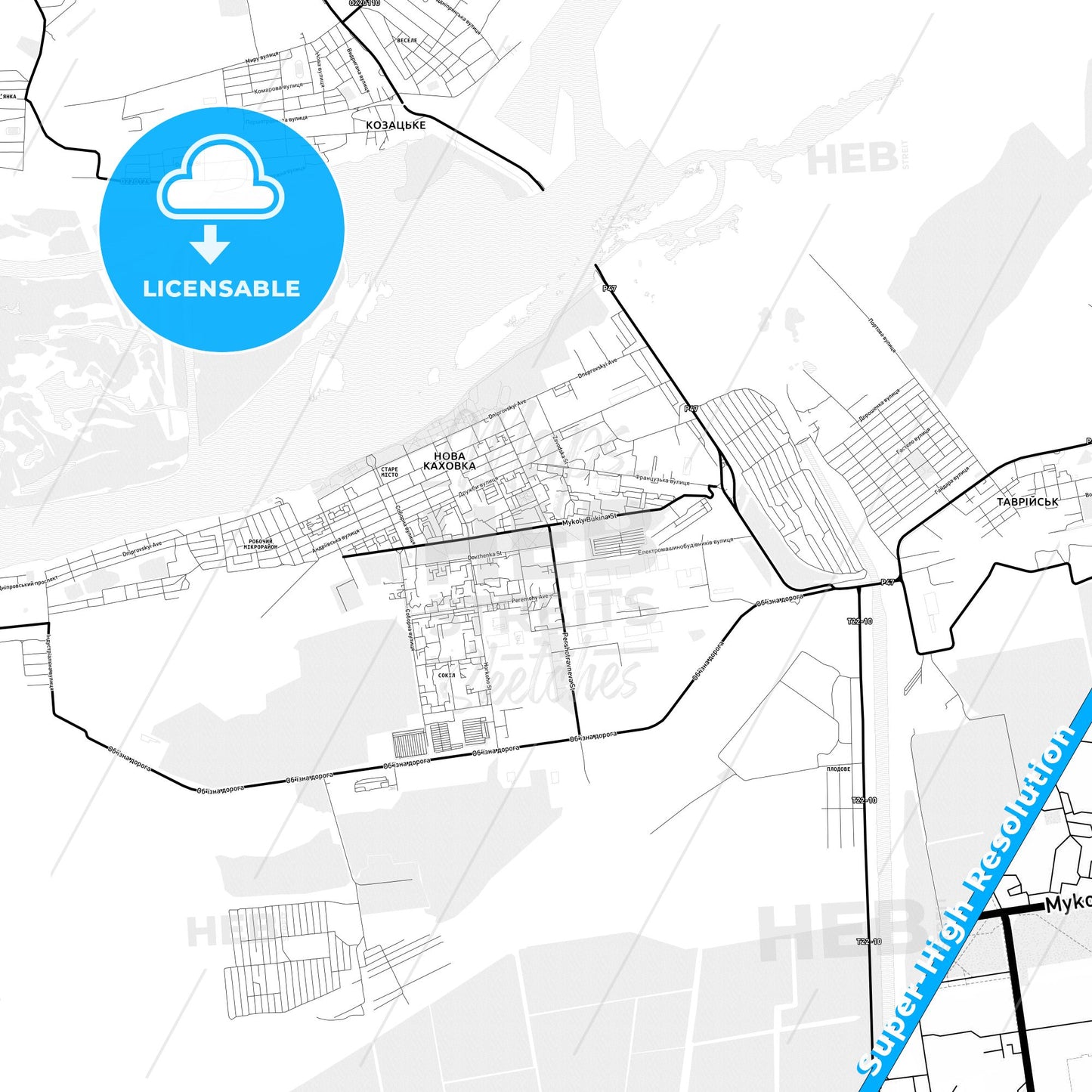 Nova Kakhovka, Ukraine Light Map with Street Names, City Names, and Districts