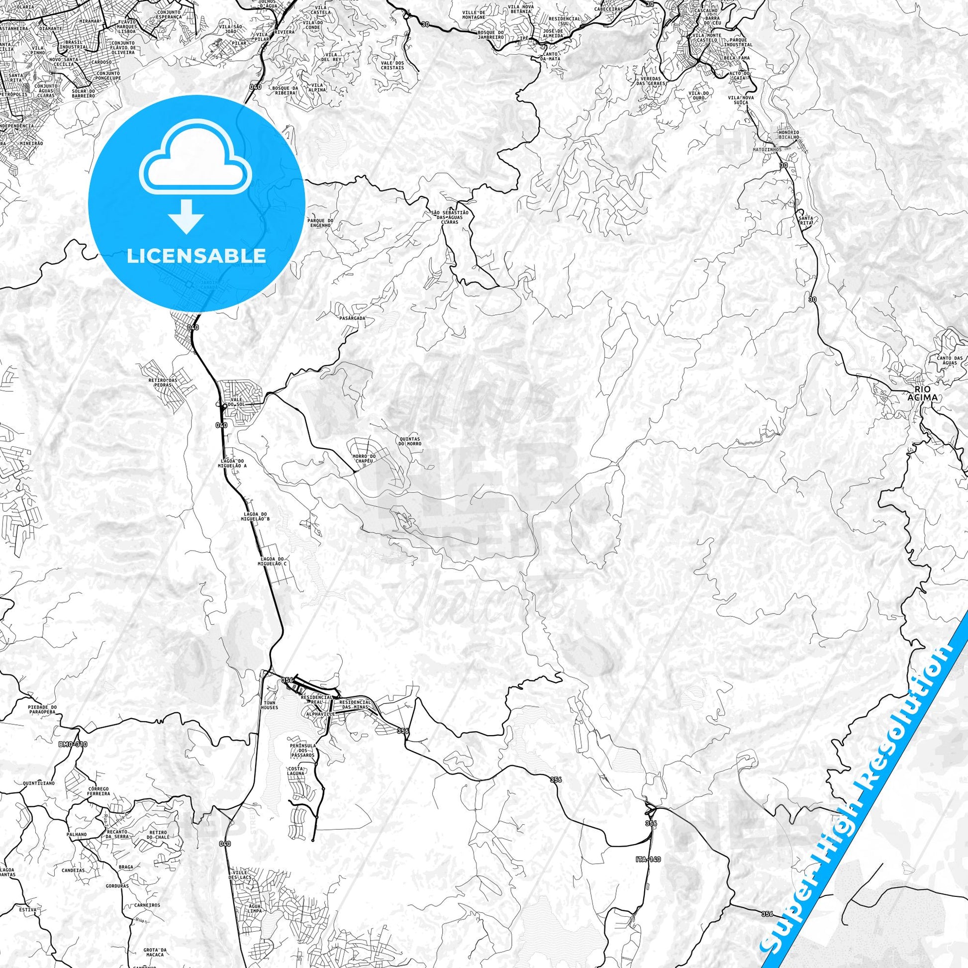 Nova Lima, Brazil light map with streetnames, citynames and districts