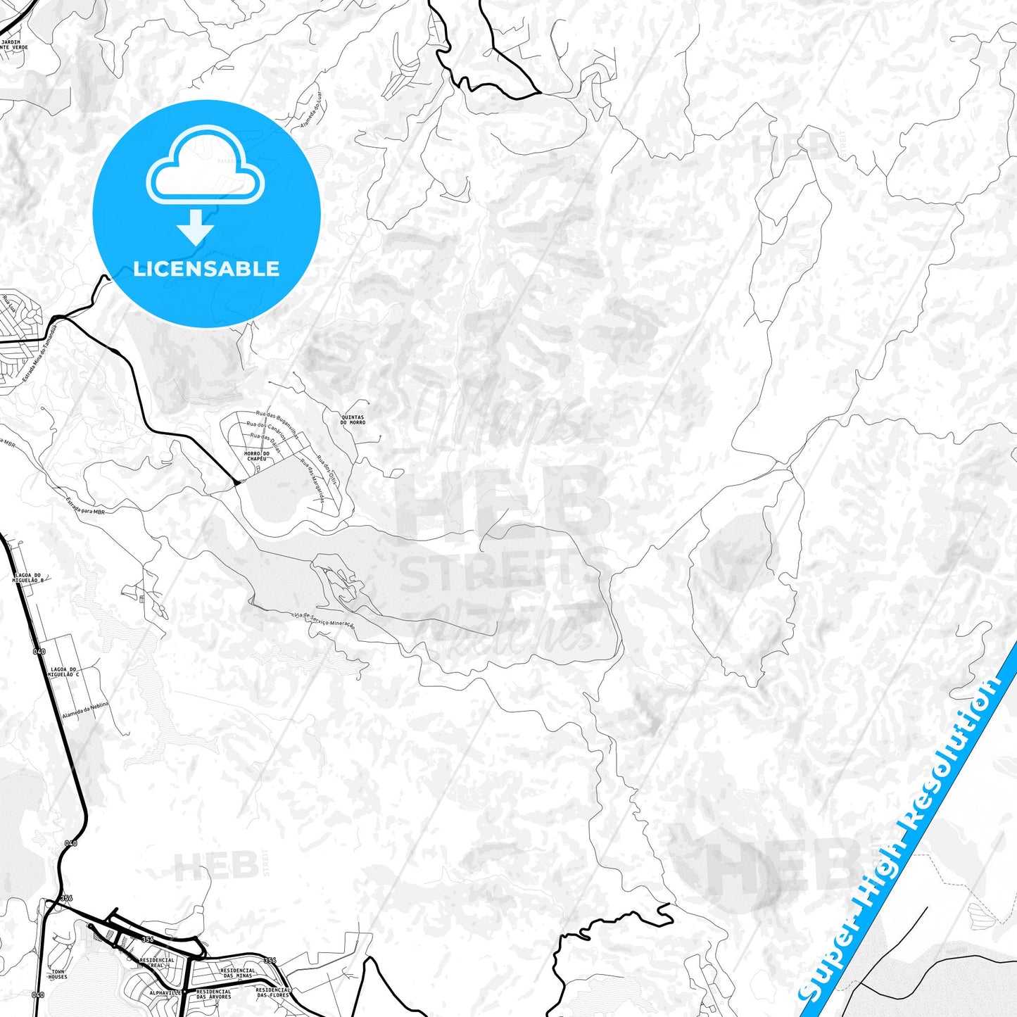 Nova Lima, Brazil Light Map with Street Names, City Names, and Districts