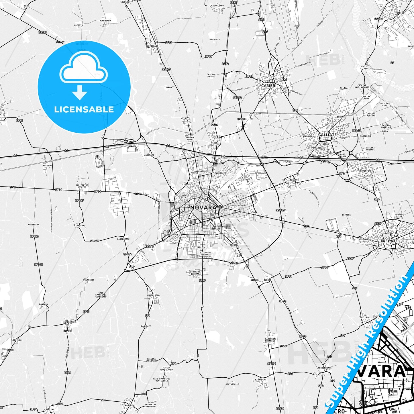 Novara, Italy light map with streetnames, citynames and districts