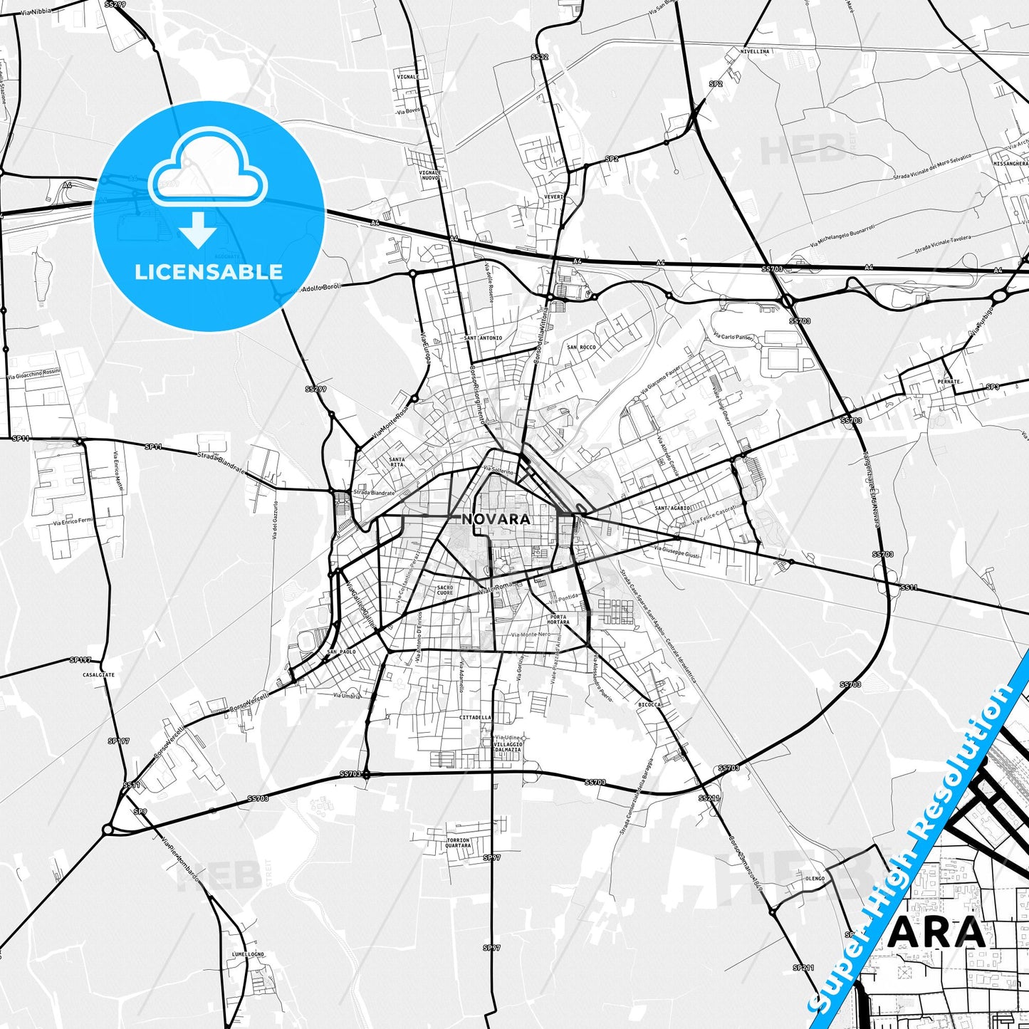 Novara, Italy Light Map with Street Names, City Names, and Districts