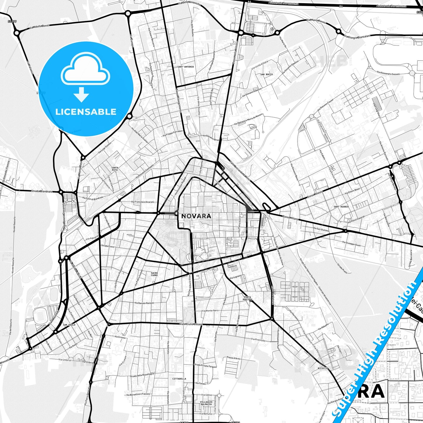 Novara, Italy Light Map with Street Names, City Names, and Districts