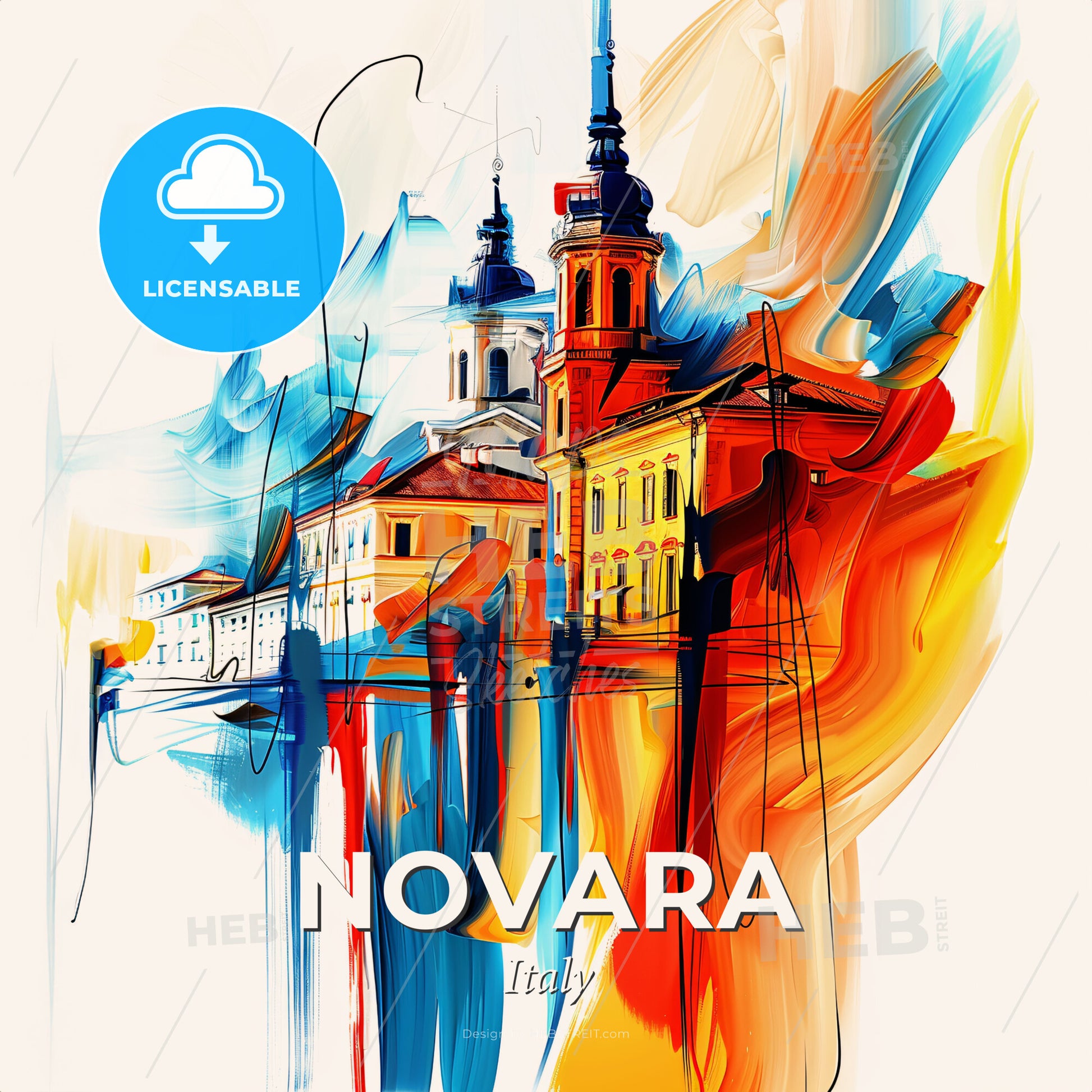 Vibrant Novara, Italy - A Painting Of Buildings And A Tower - Square format print template