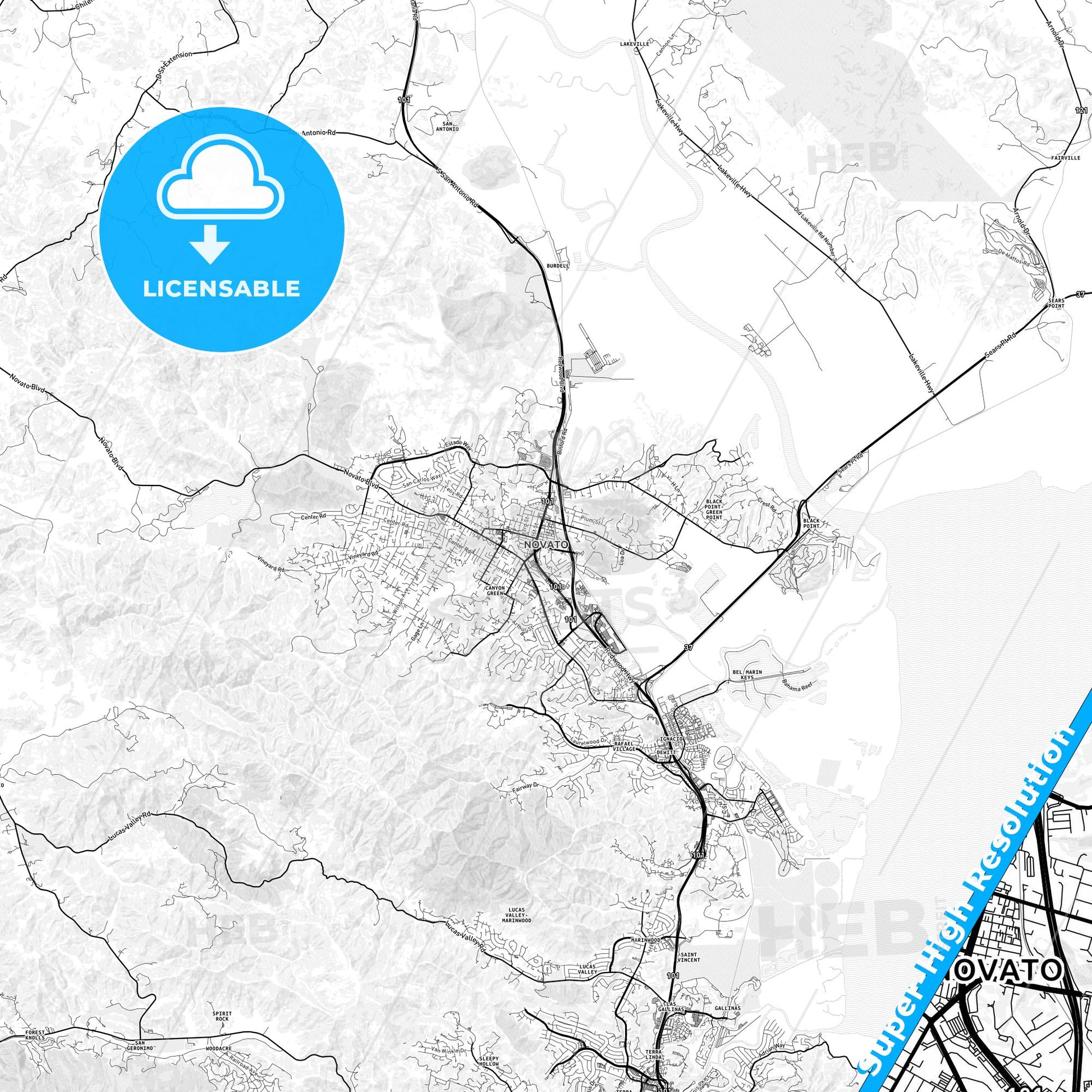 Novato, California light map with streetnames, citynames and districts
