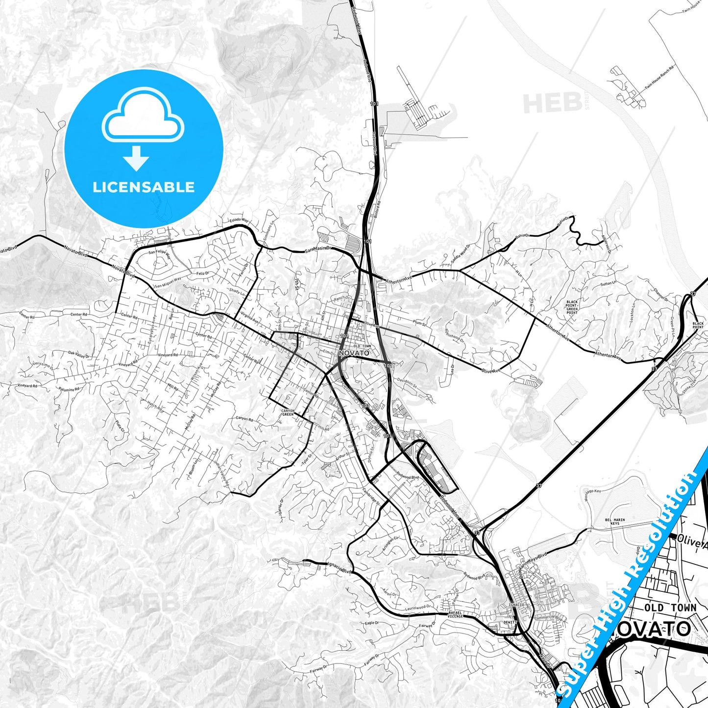 Novato, California Light Map with Street Names, City Names, and Districts