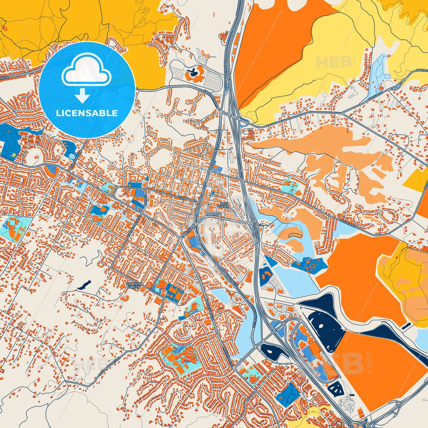 Colorful Novato Street Map with Labels and Buildings