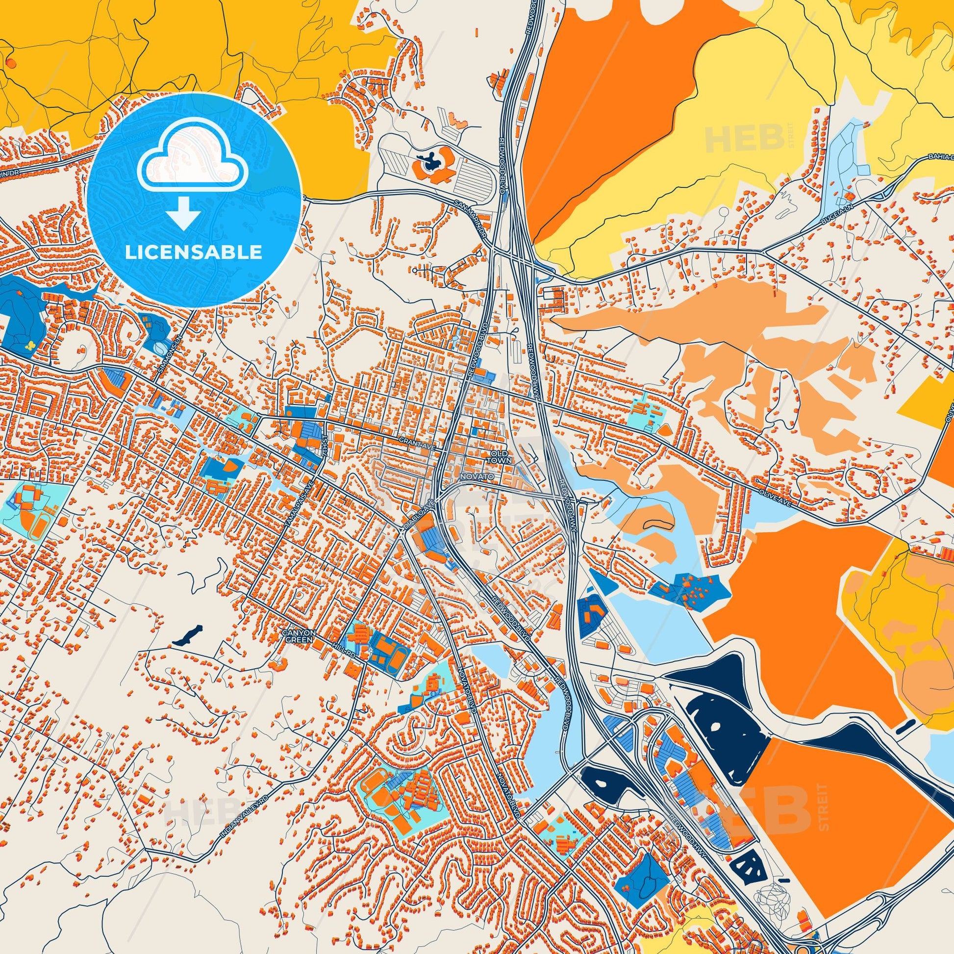 Colorful Novato Street Map with Labels and Buildings