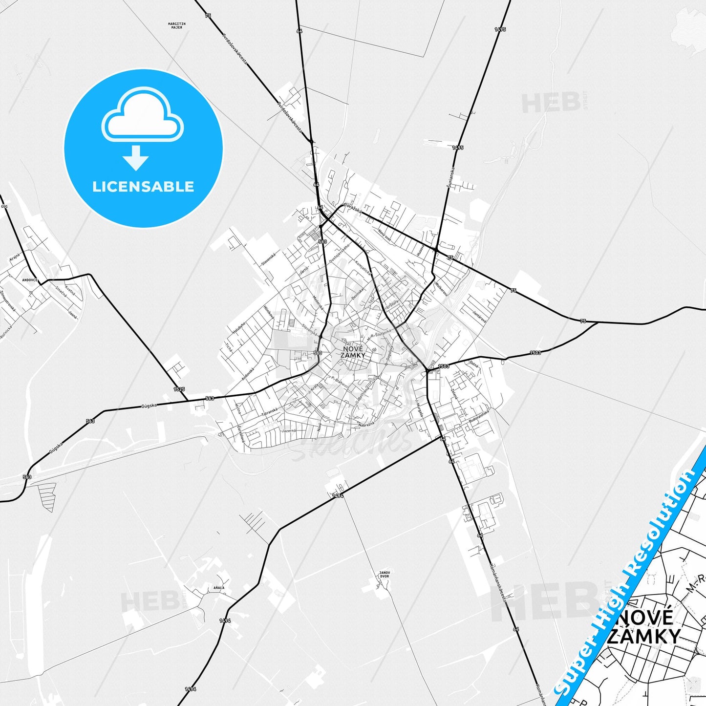 Nové Zámky, Slovakia Light Map with Street Names, City Names, and Districts