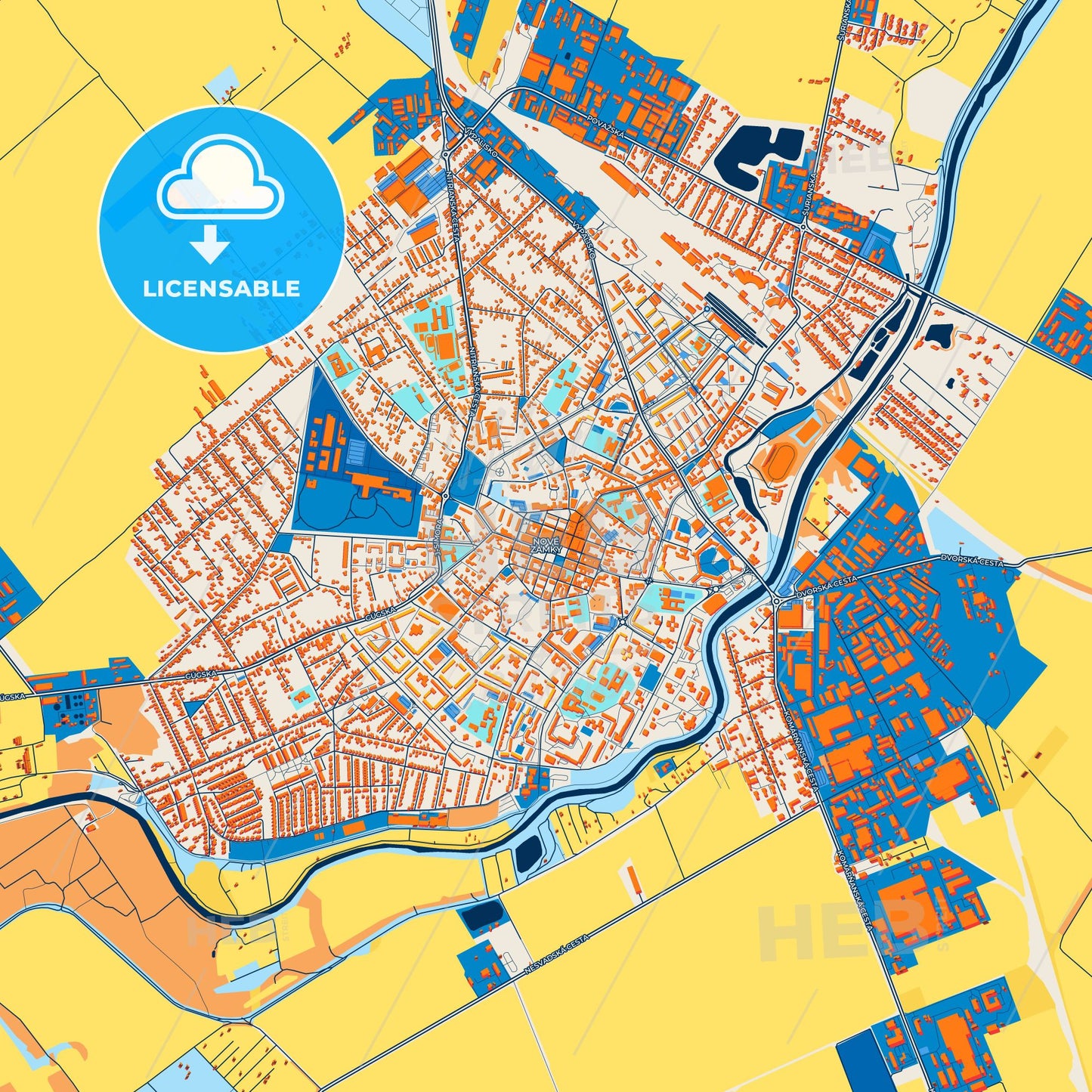 Colorful Nové Zámky Street Map with Labels and Buildings