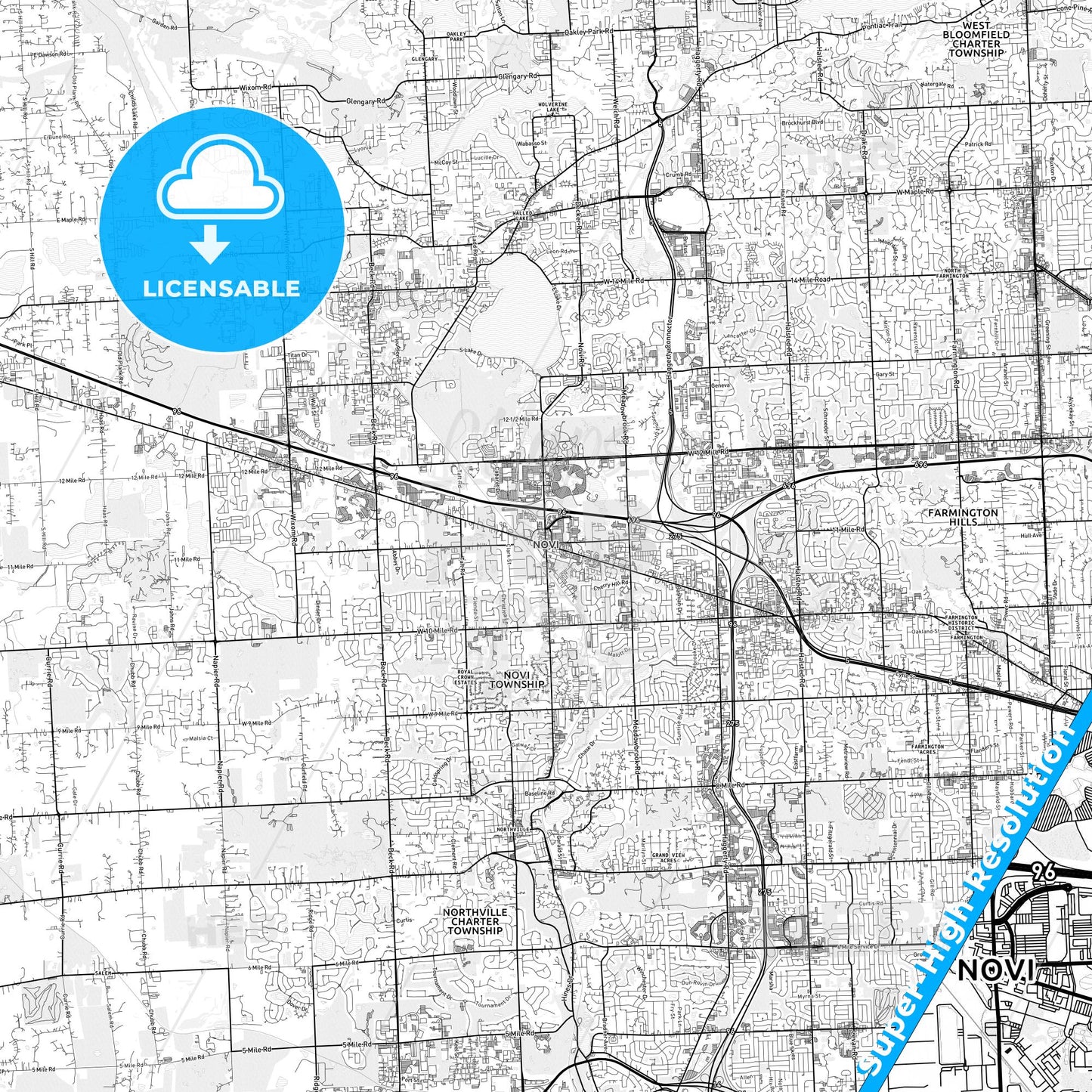 Novi, Michigan light map with streetnames, citynames and districts