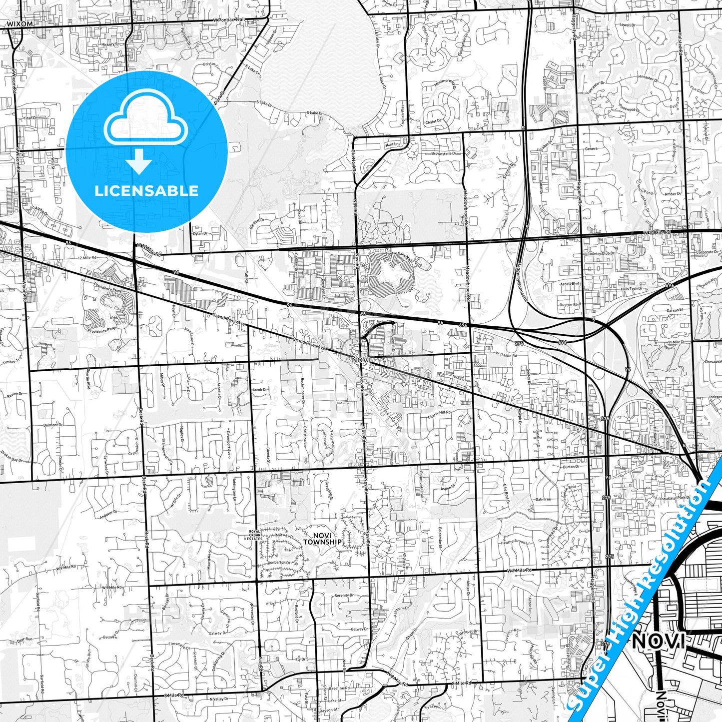 Novi, Michigan Light Map with Street Names, City Names, and Districts
