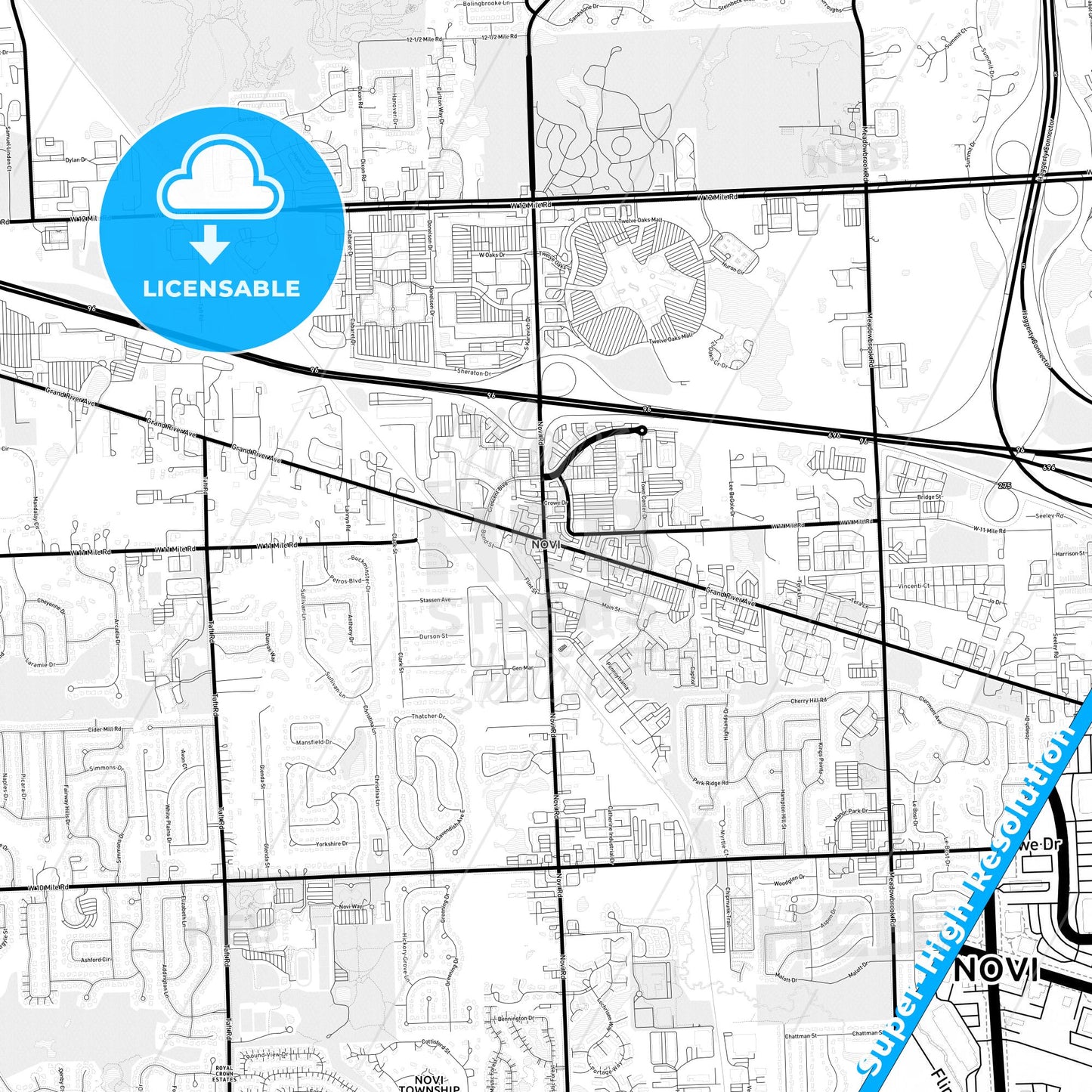 Novi, Michigan Light Map with Street Names, City Names, and Districts