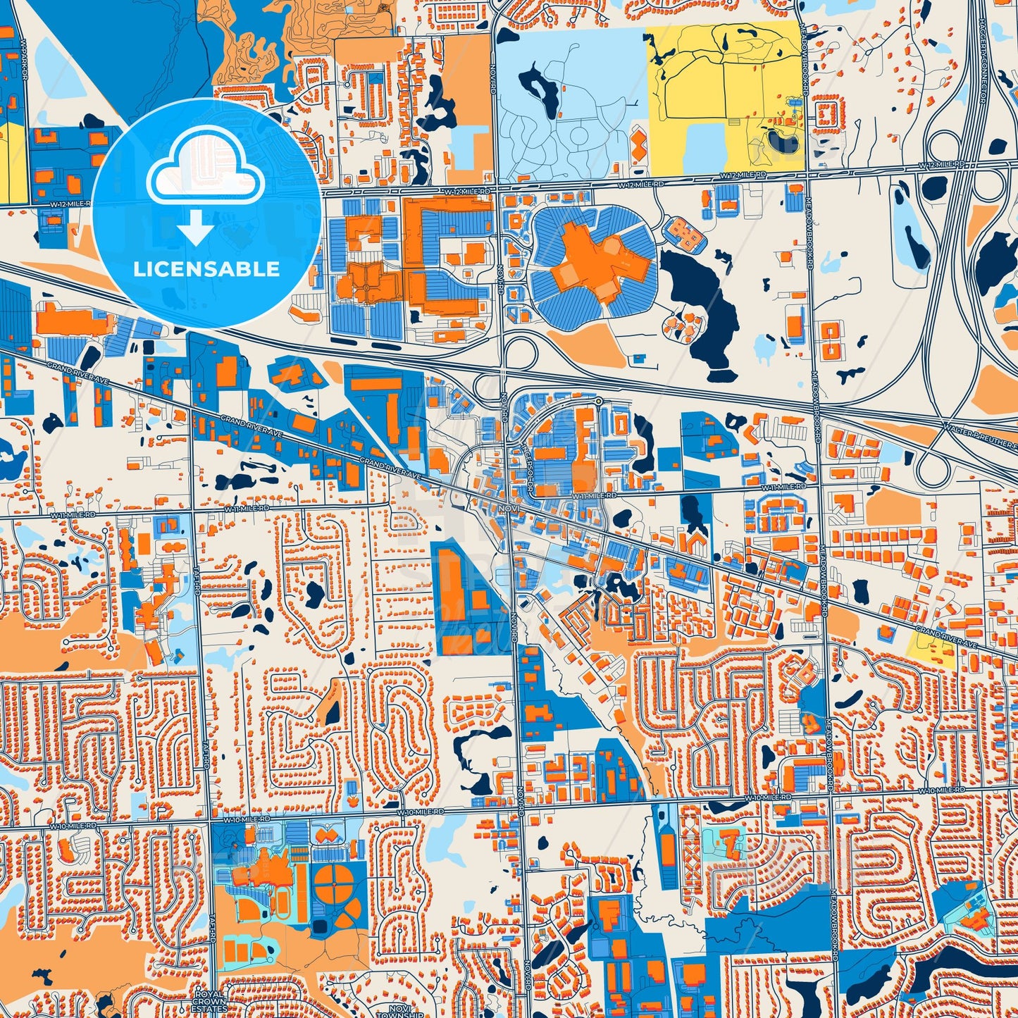 Colorful Novi Street Map with Labels and Buildings