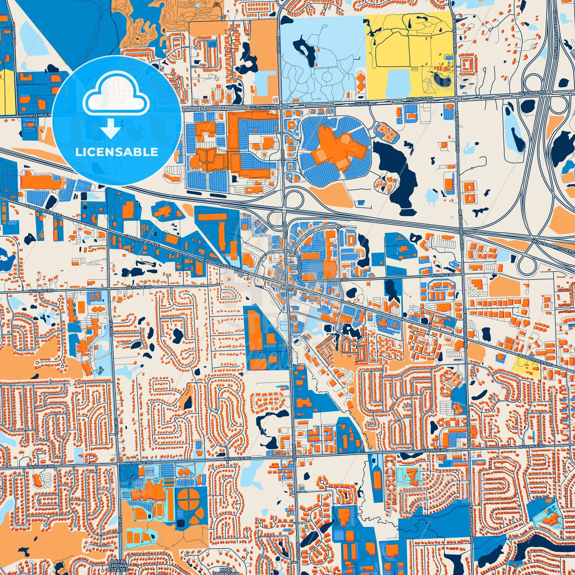 Colorful Novi Street Map with Labels and Buildings