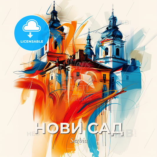 Vibrant Нови Сад, Serbia - A Painting Of A Building With Towers And A Red And Blue Paint - Square format print template