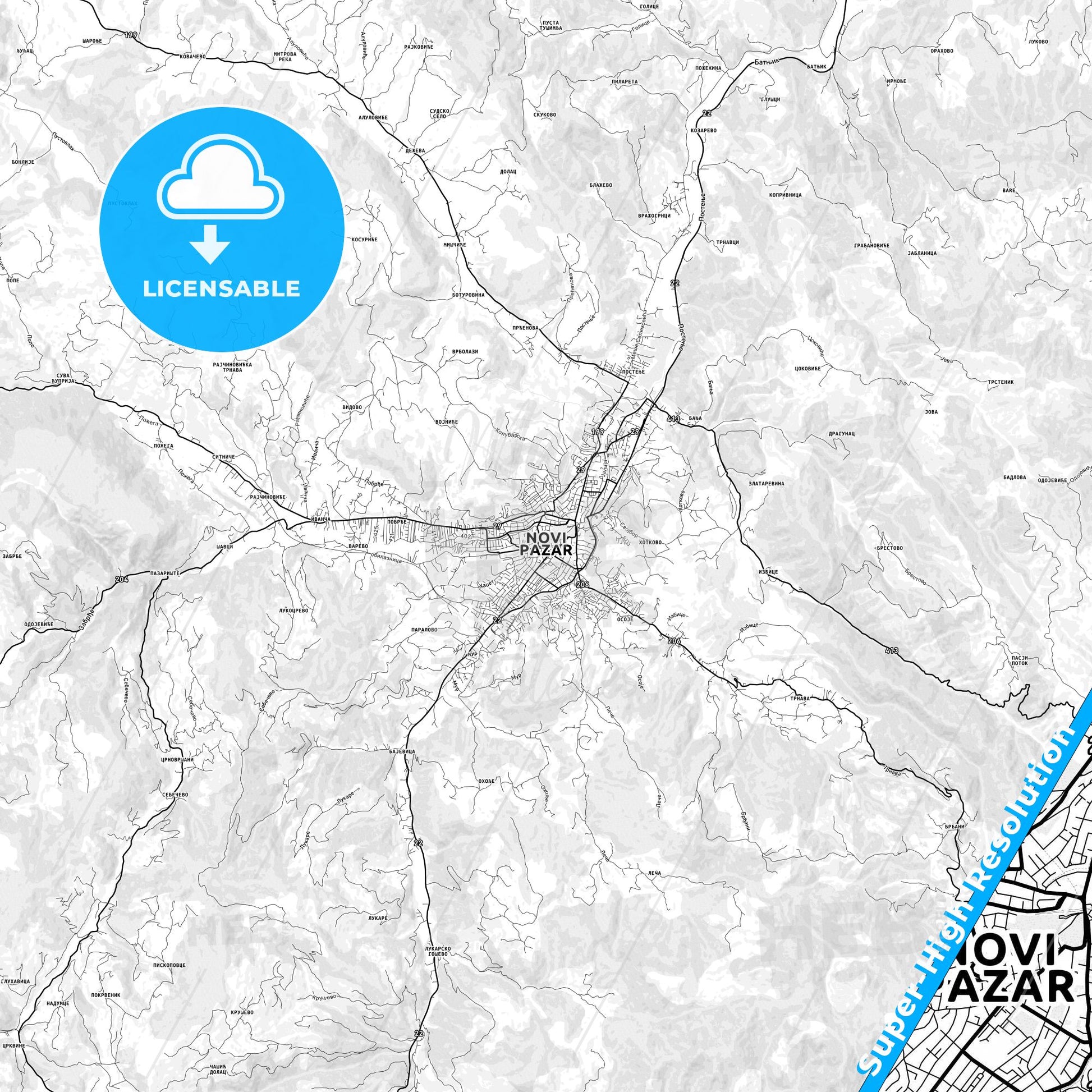 Novi Pazar, Serbia light map with streetnames, citynames and districts