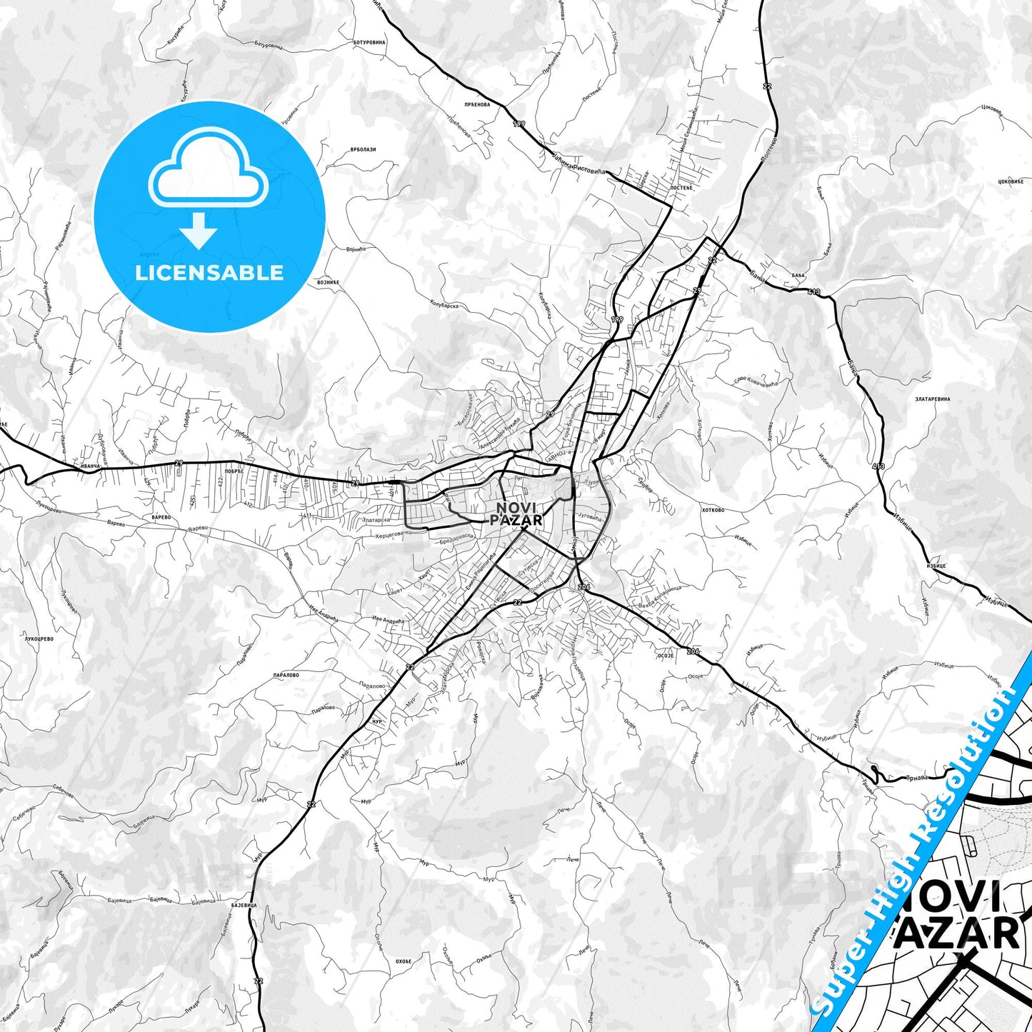 Novi Pazar, Serbia Light Map with Street Names, City Names, and Districts