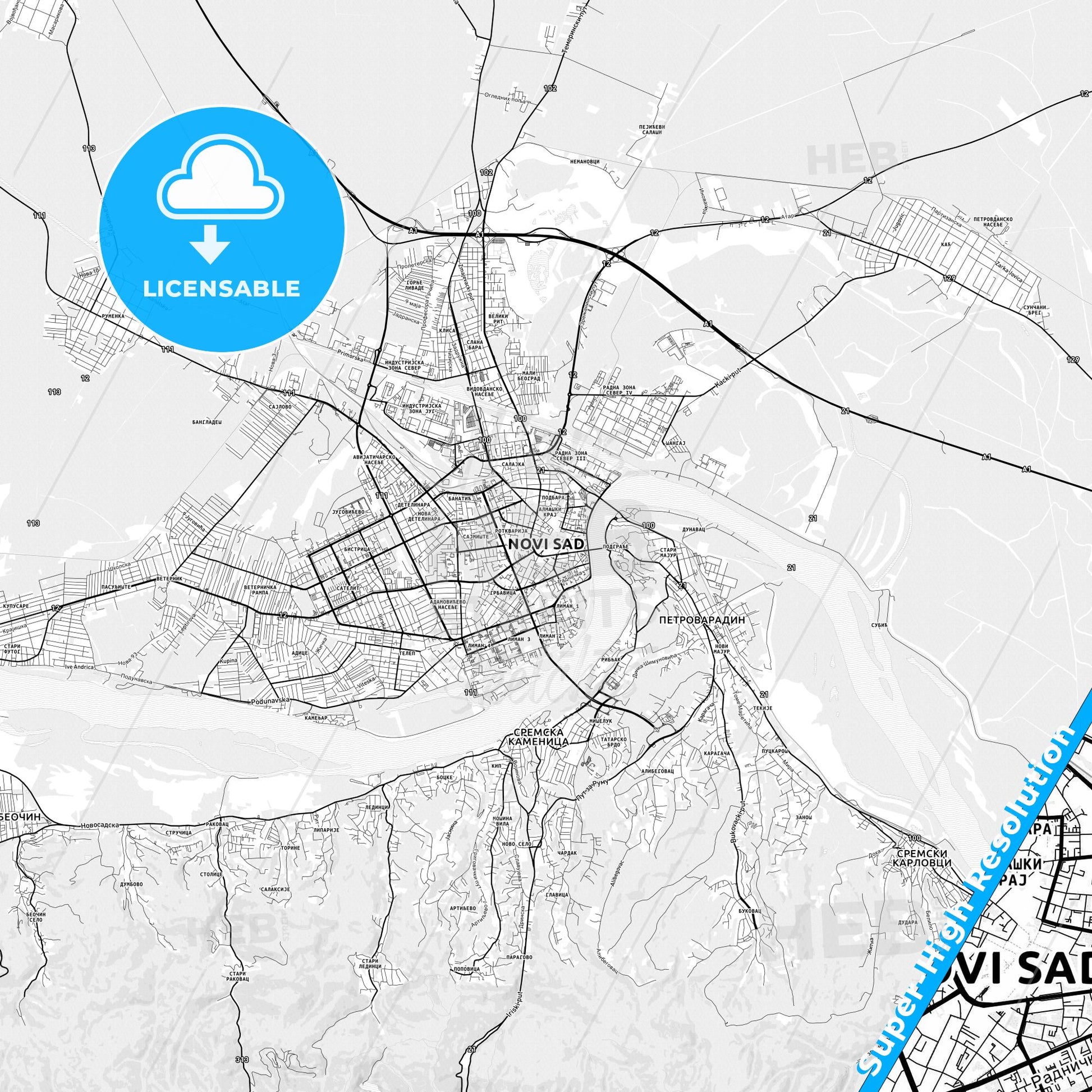 Novi Sad, Serbia light map with streetnames, citynames and districts