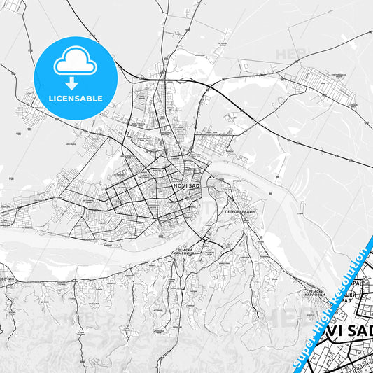 Novi Sad, Serbia light map with streetnames, citynames and districts