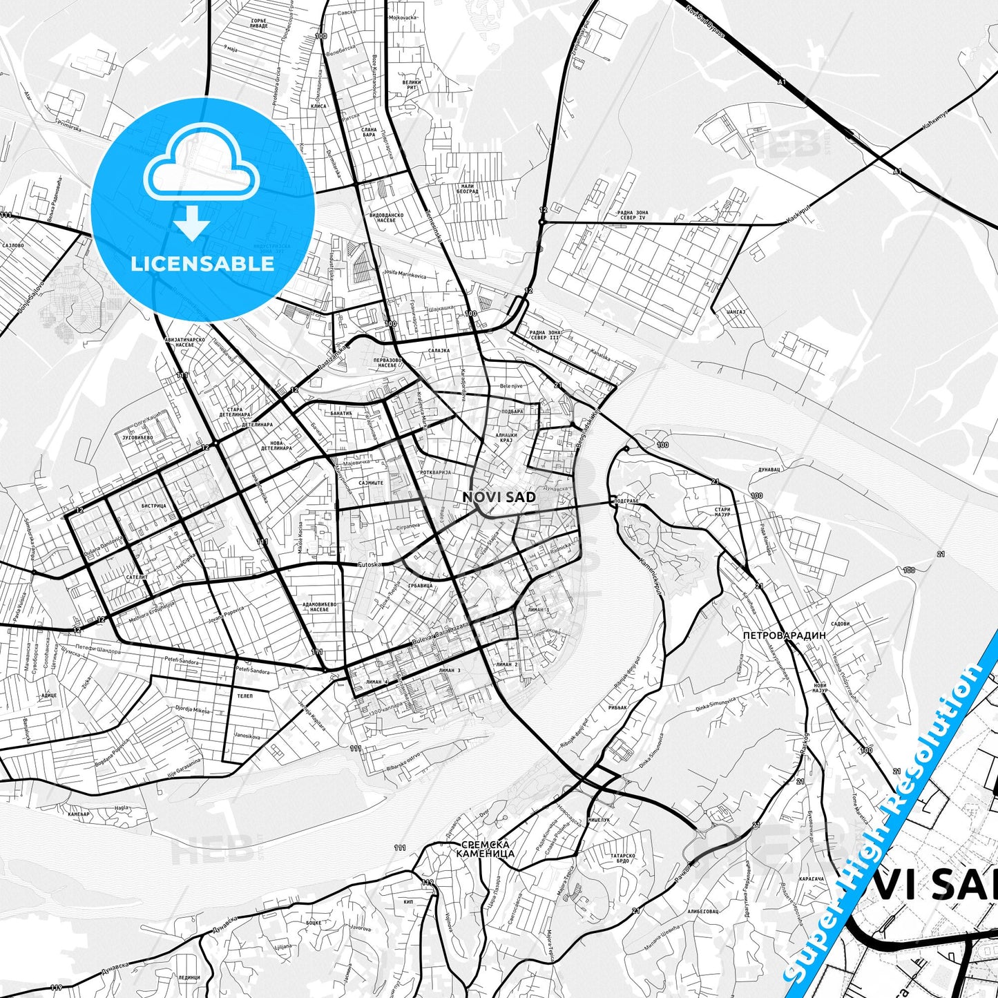 Novi Sad, Serbia Light Map with Street Names, City Names, and Districts