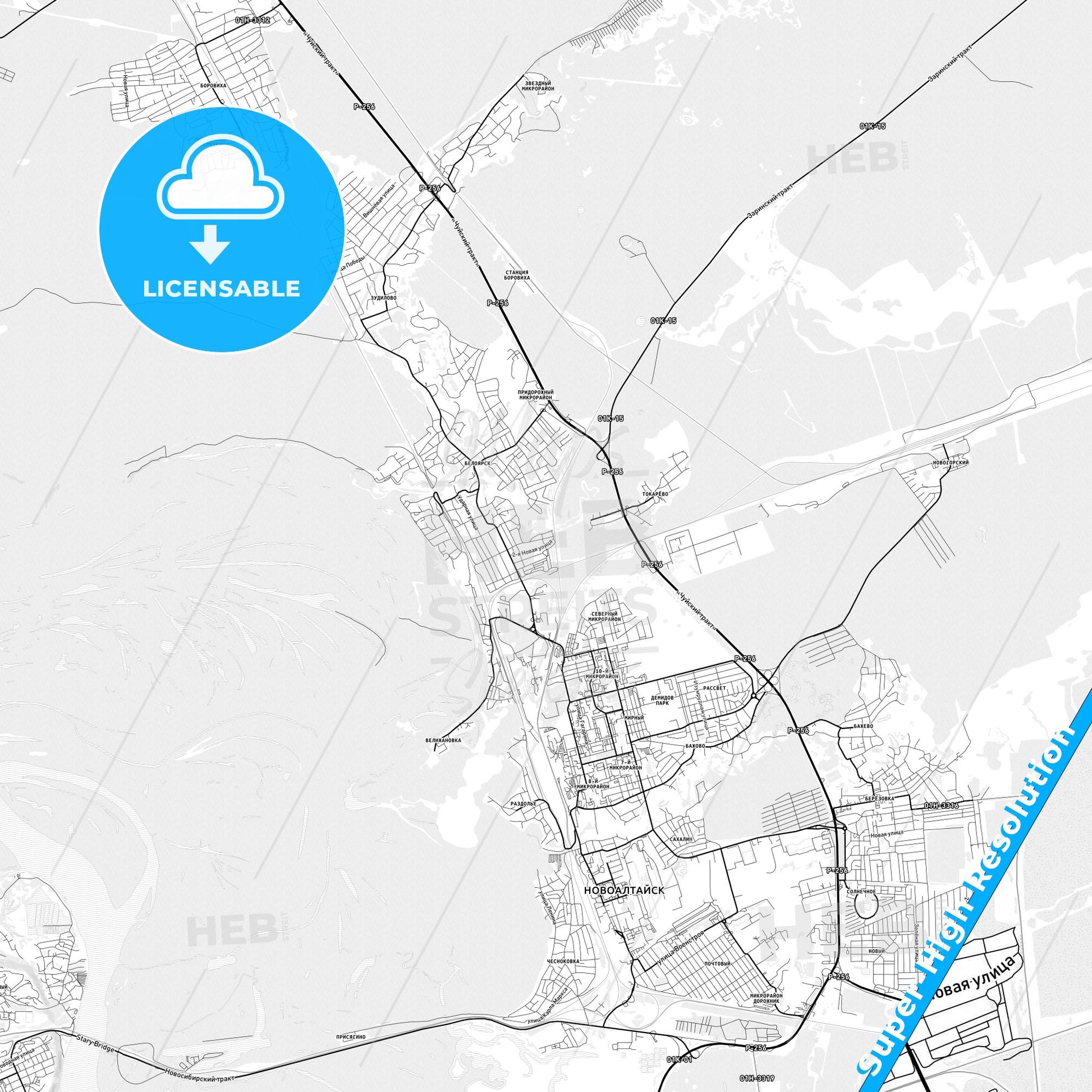 Novoaltaysk, Russia light map with streetnames, citynames and districts
