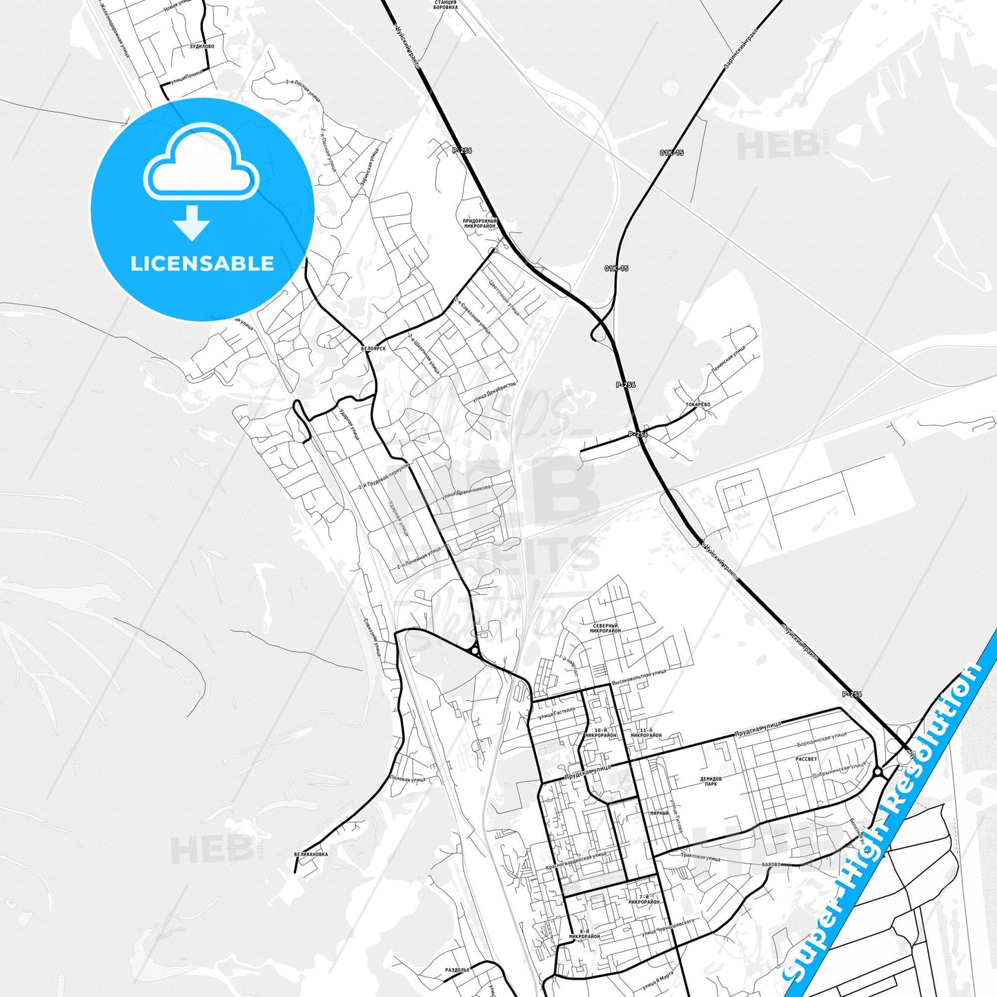 Novoaltaysk, Russia Light Map with Street Names, City Names, and Districts