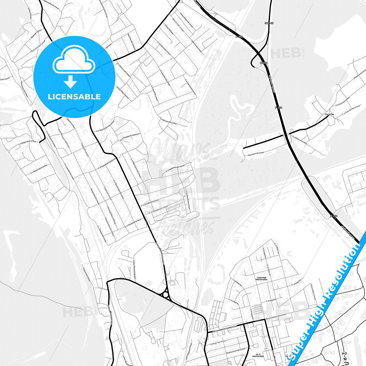 Novoaltaysk, Russia Light Map with Street Names, City Names, and Districts