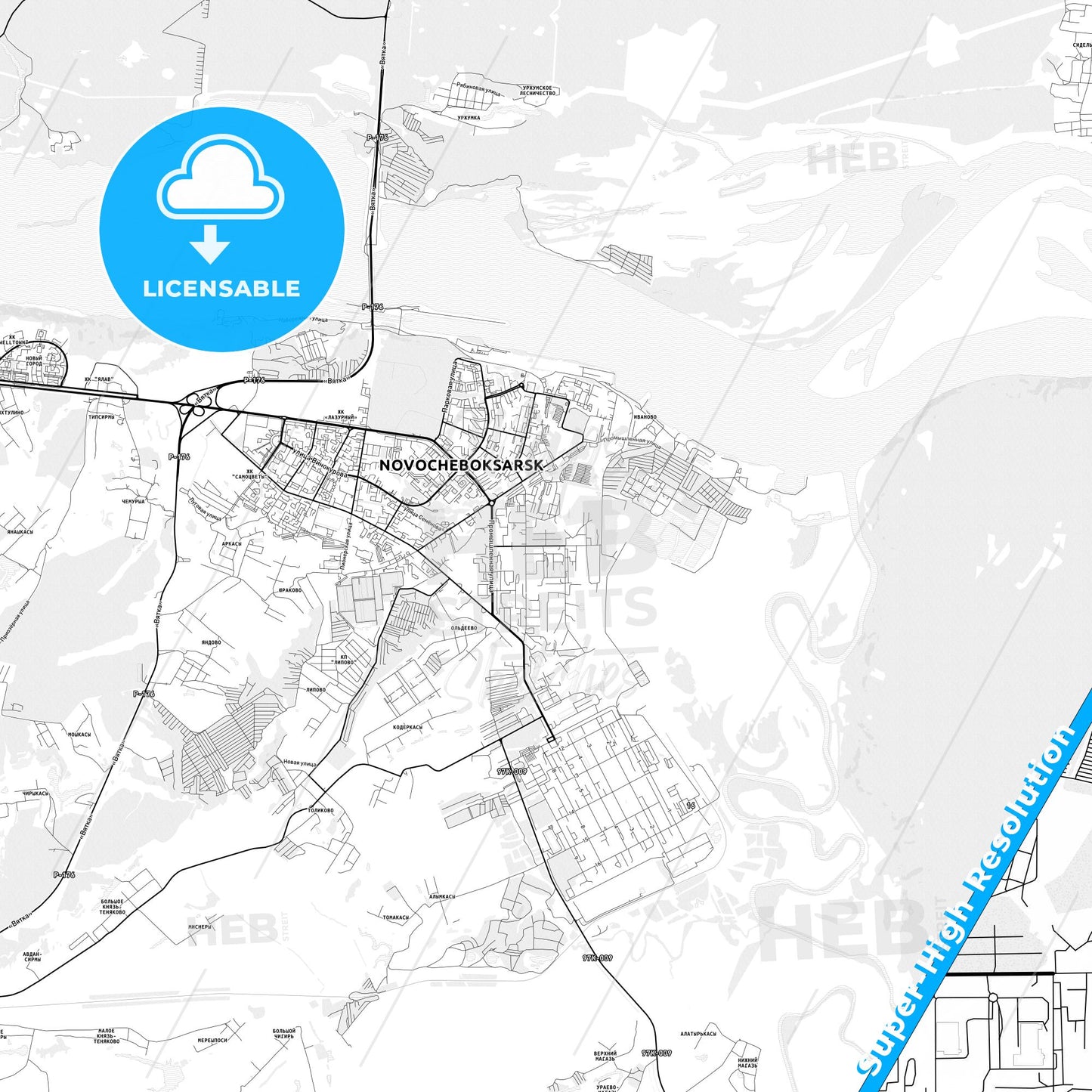 Novocheboksarsk, Russia light map with streetnames, citynames and districts