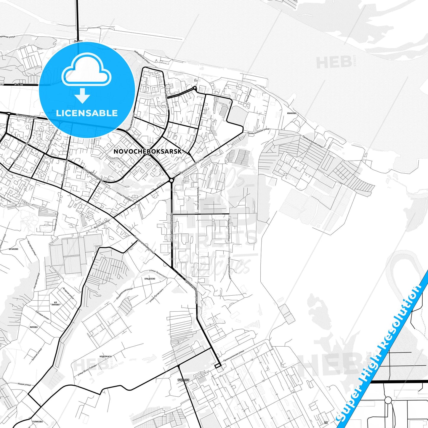 Novocheboksarsk, Russia Light Map with Street Names, City Names, and Districts