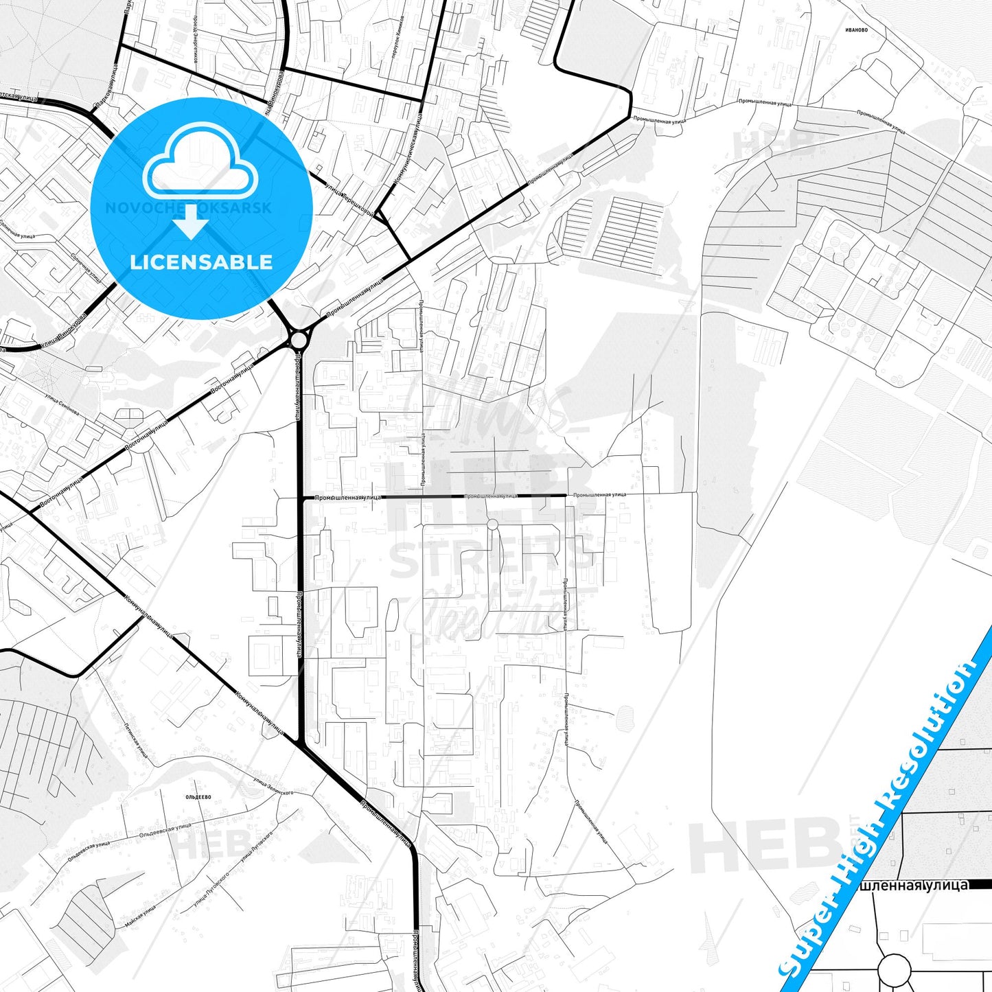 Novocheboksarsk, Russia Light Map with Street Names, City Names, and Districts